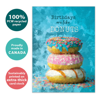 Front view of a Birthday greeting card with a stack of donuts and the message "birthdays are like donuts", highlighting its eco-friendly materials and made in Canada.