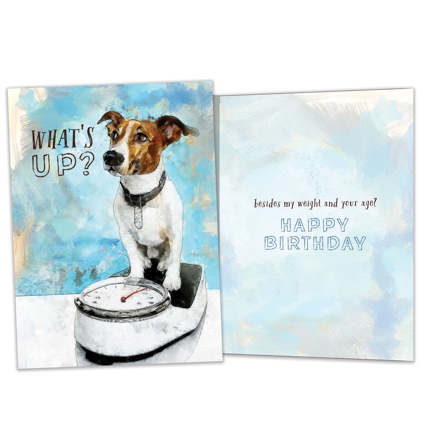 Front and inside view of a Birthday greeting card featuring a dog on a scale with the words "what's up?", with matching design details inside.