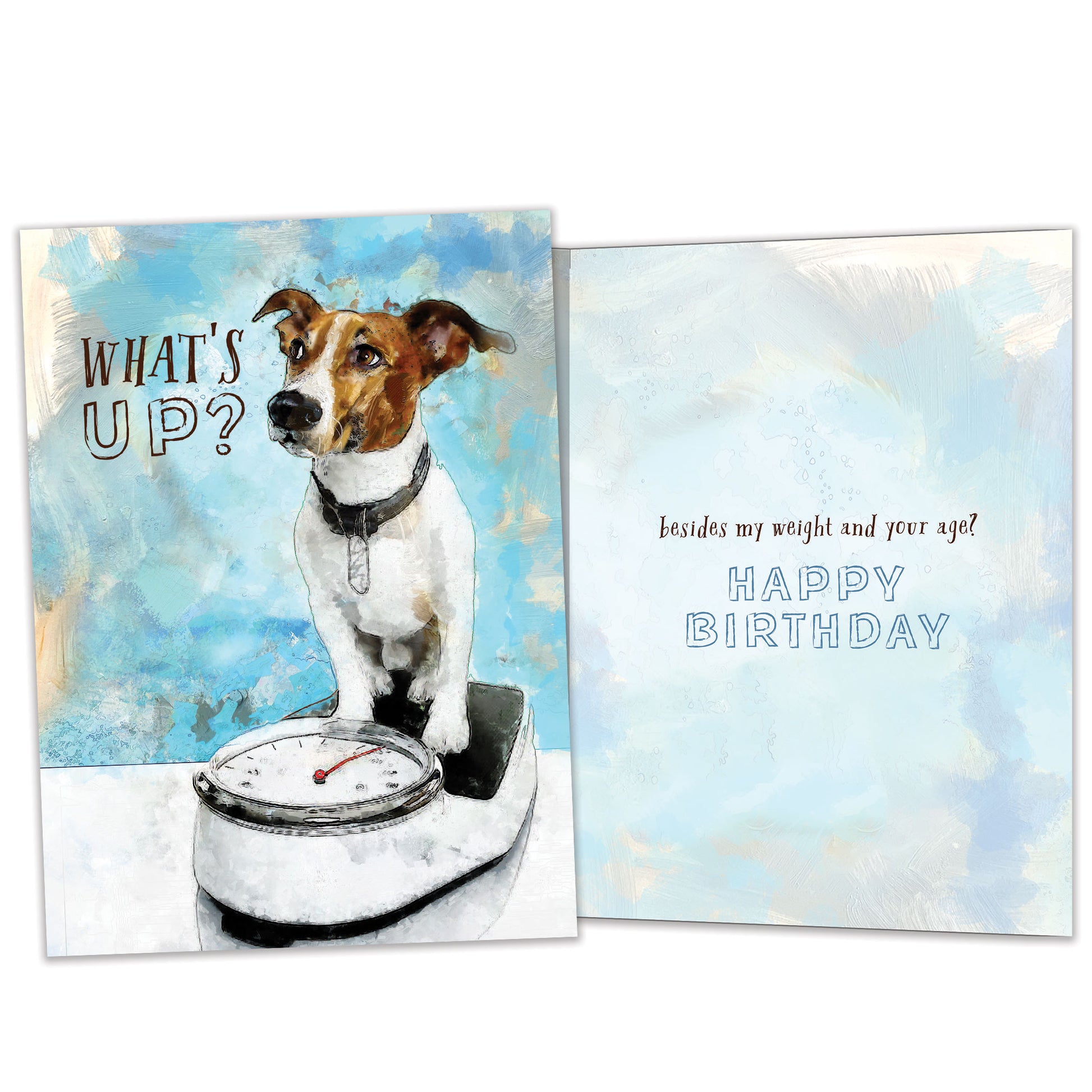 Front and inside view of a Birthday greeting card featuring a dog on a scale with the words "what's up?", with matching design details inside.
