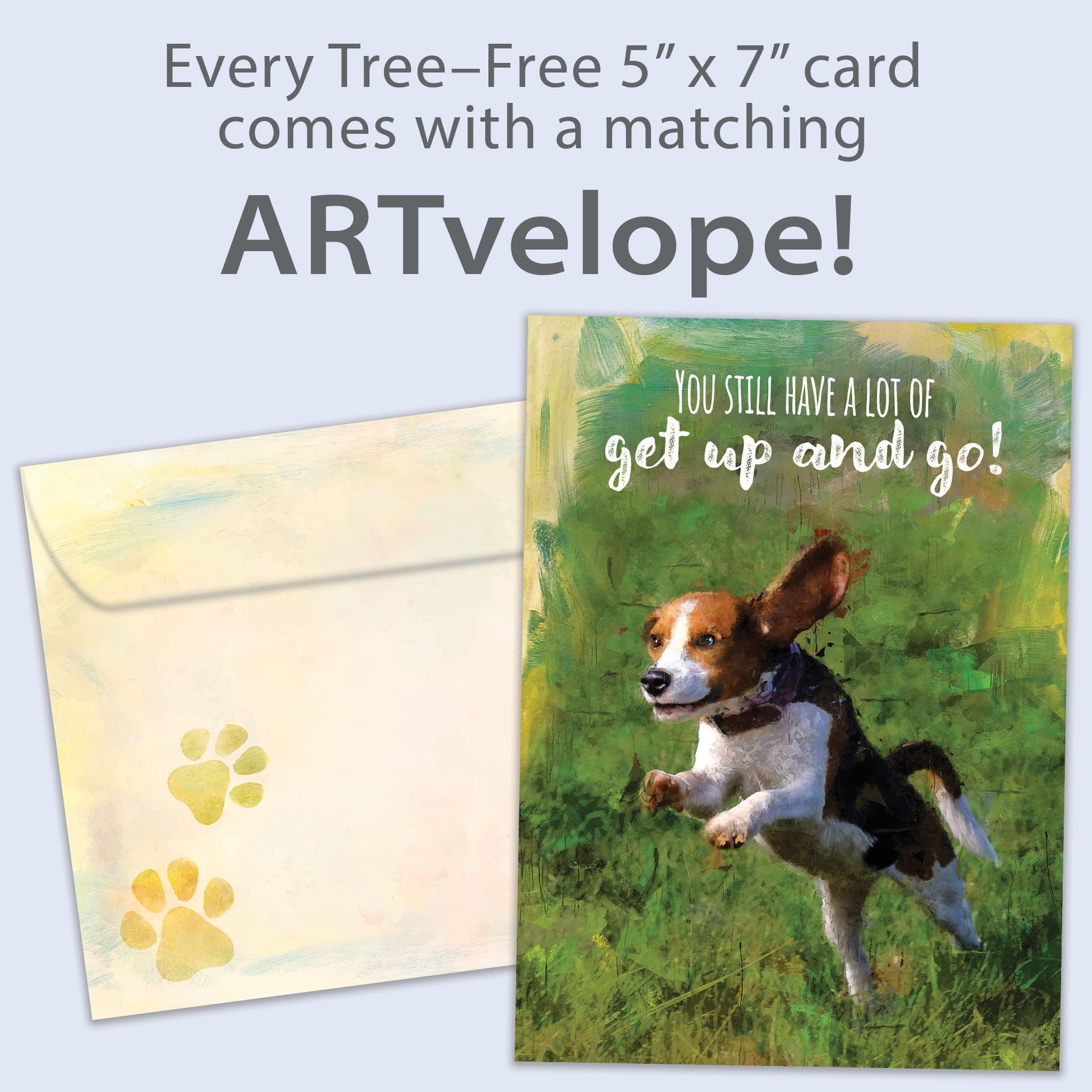 Front view of a Birthday greeting card featuring an illustration of a running dog with a message about having a lot of get up and go, with matching envelope artwork.