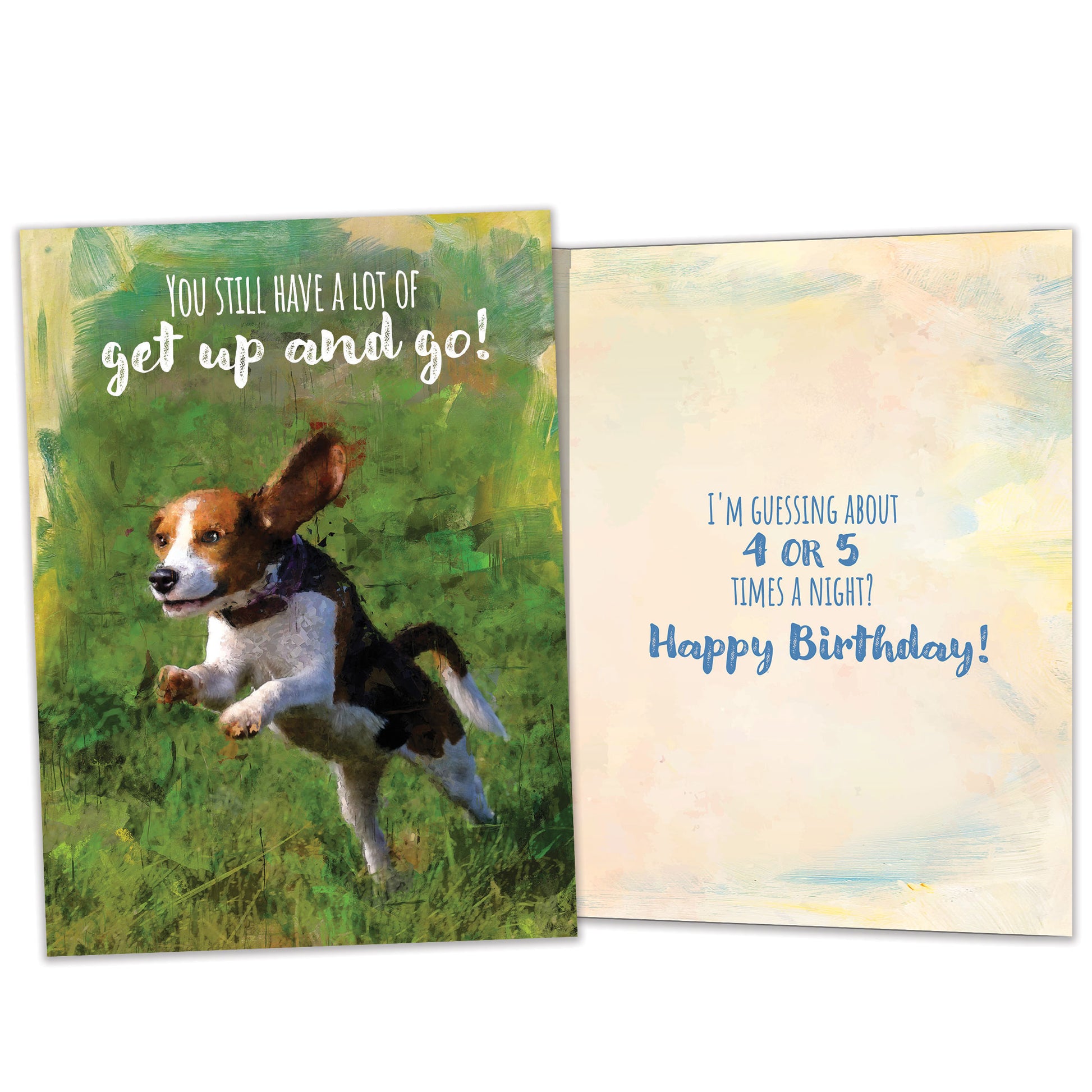 Front and inside view of a Birthday greeting card featuring an illustration of a running dog with a message about having a lot of get up and go, with matching design details inside.