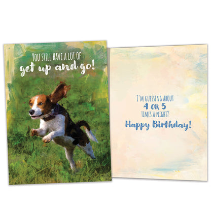 Front and inside view of a Birthday greeting card featuring an illustration of a running dog with a message about having a lot of get up and go, with matching design details inside.