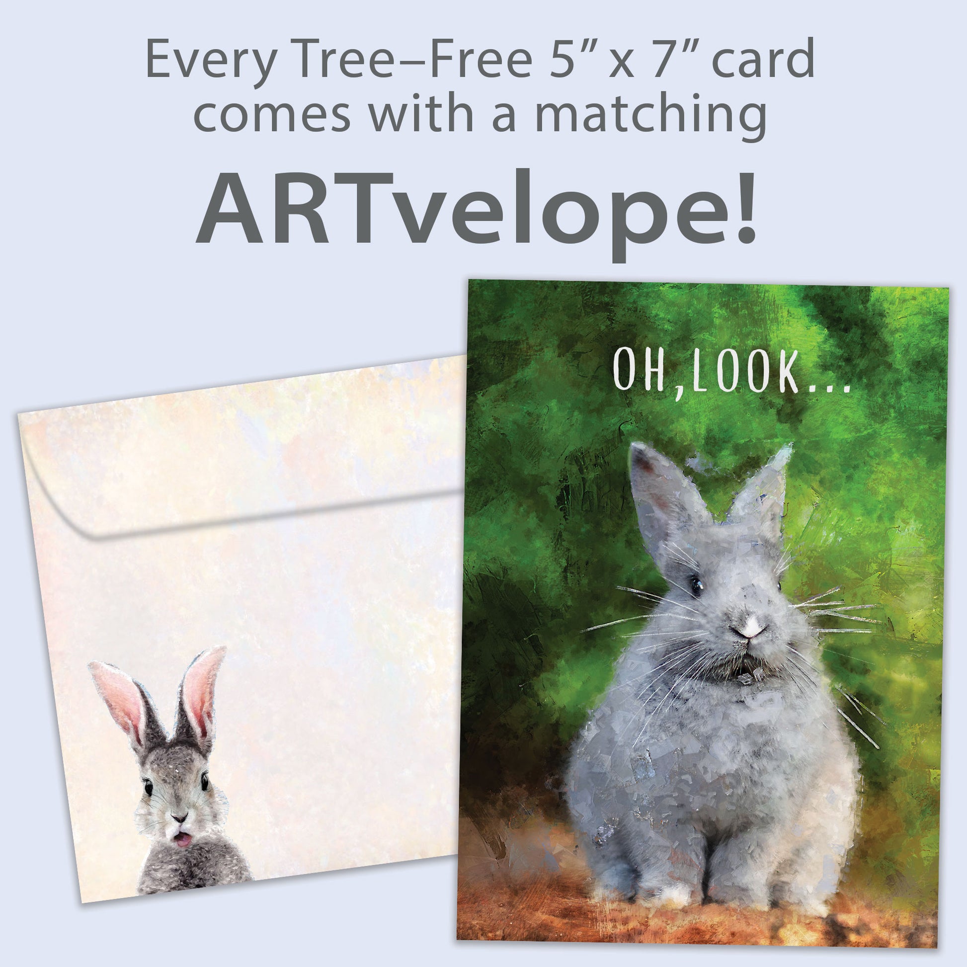 Front view of a Birthday greeting card featuring a bunny with the message "Oh, look...", with matching envelope artwork.