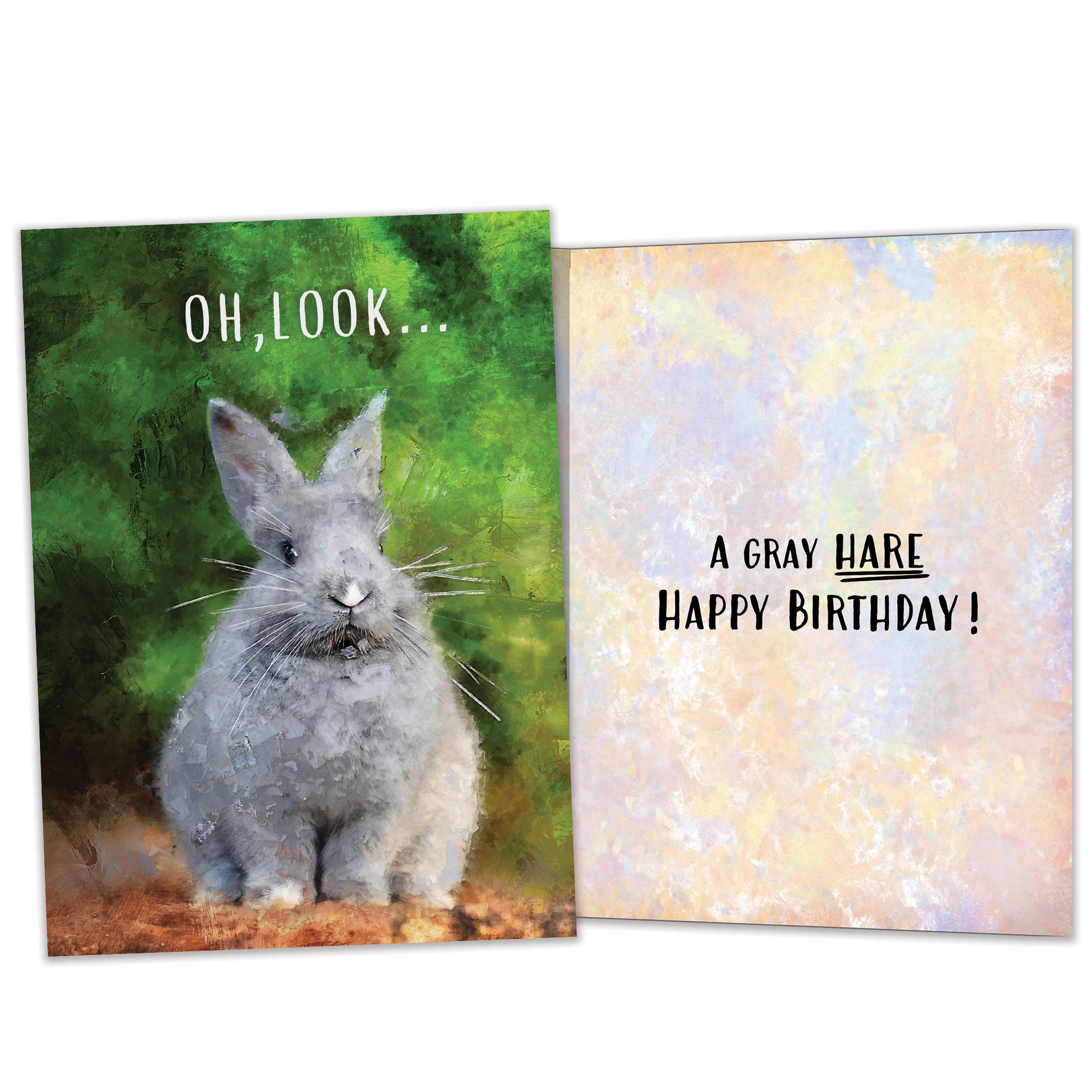 Front and inside view of a Birthday greeting card featuring a bunny with the message "Oh, look...", with matching design details inside.