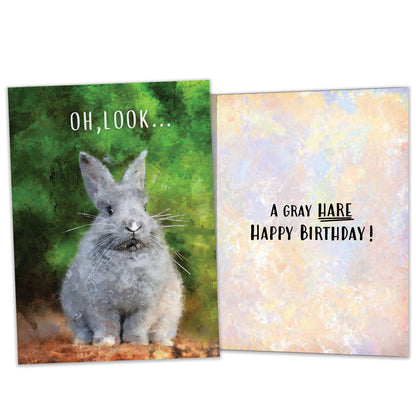 Front and inside view of a Birthday greeting card featuring a bunny with the message "Oh, look...", with matching design details inside.