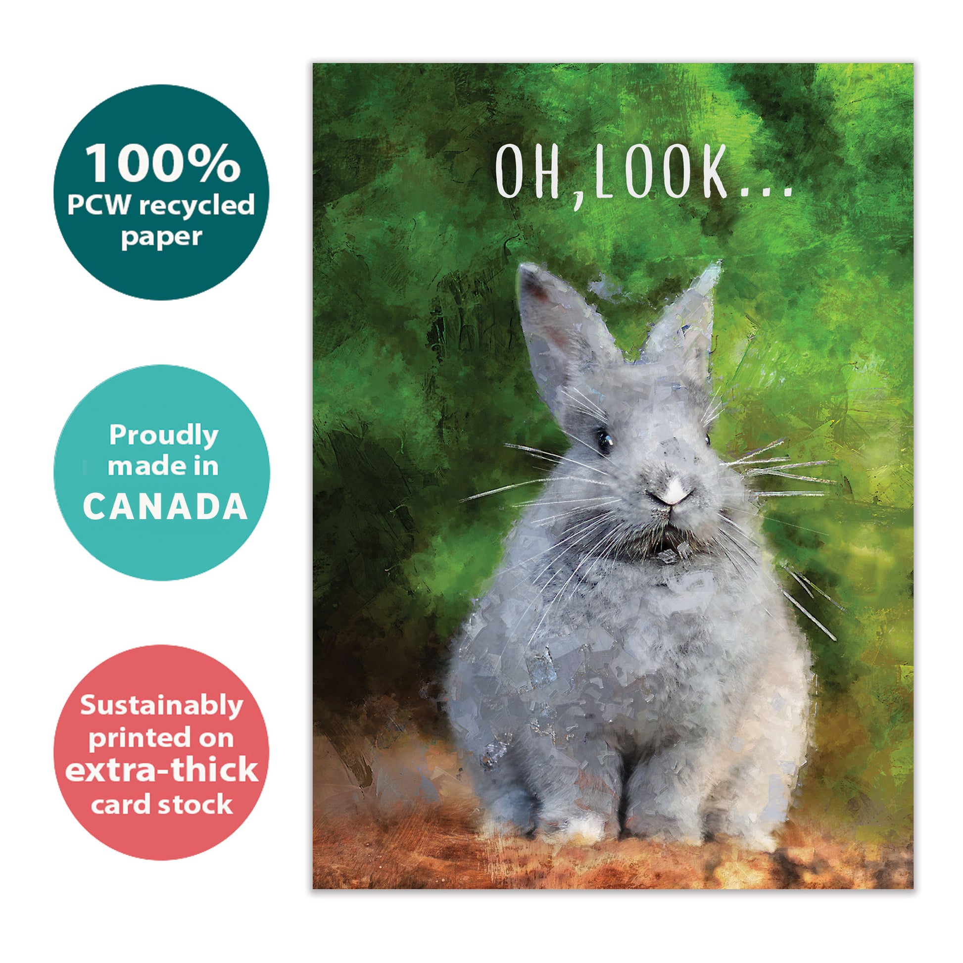 Front view of a Birthday greeting card with a bunny and the message "Oh, look...", highlighting its eco-friendly materials and made in Canada.