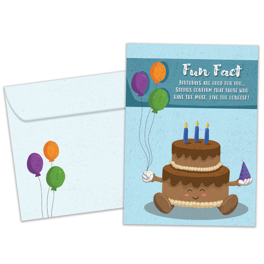 Front view of a Birthday greeting card featuring a smiling cake with a fun fact message, with a matching envelope.