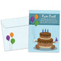 Front view of a Birthday greeting card featuring a smiling cake with a fun fact message, with a matching envelope.