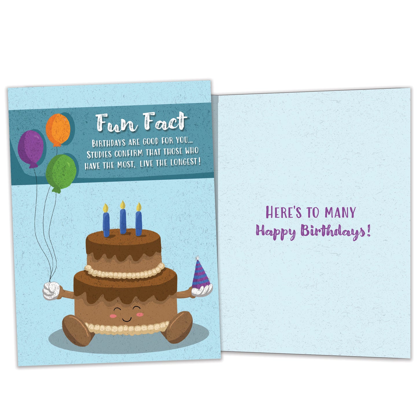 Front and inside view of a Birthday greeting card featuring a smiling cake with a fun fact message, with matching design details inside.