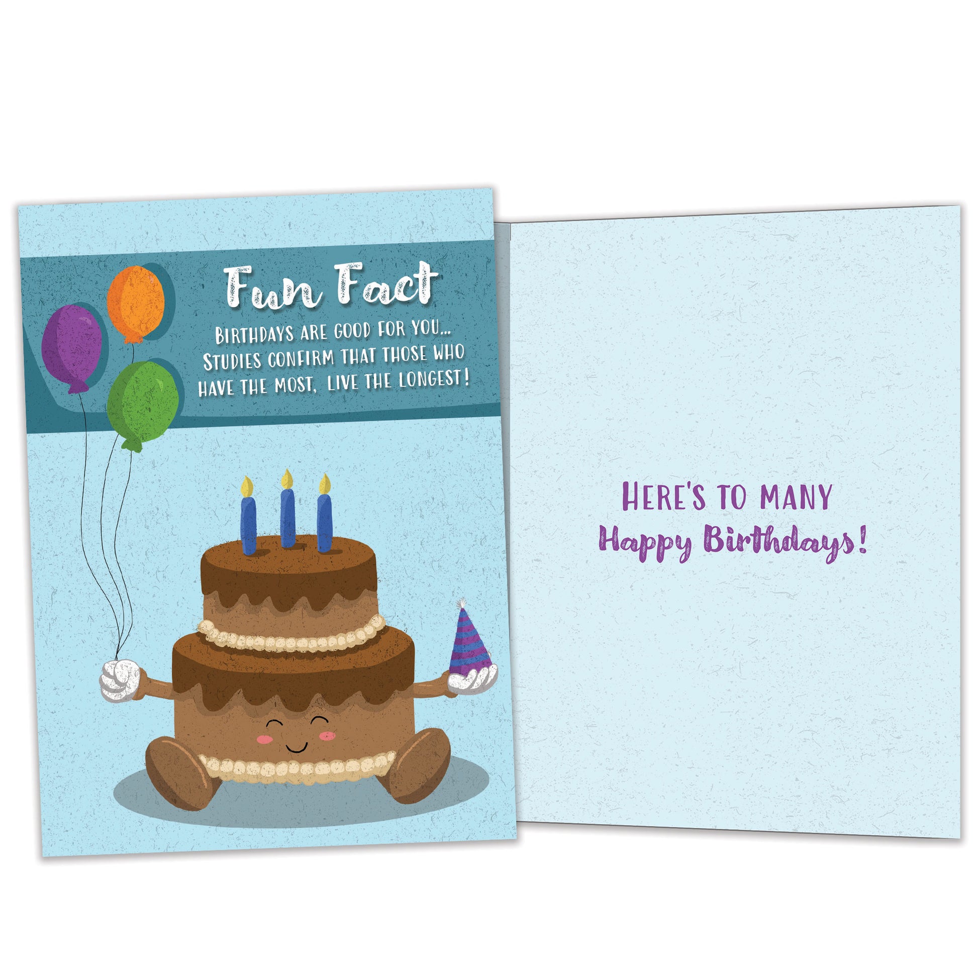 Front and inside view of a Birthday greeting card featuring a smiling cake with a fun fact message, with matching design details inside.