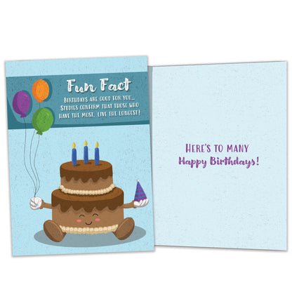 Front and inside view of a Birthday greeting card featuring a smiling cake with a fun fact message, with matching design details inside.