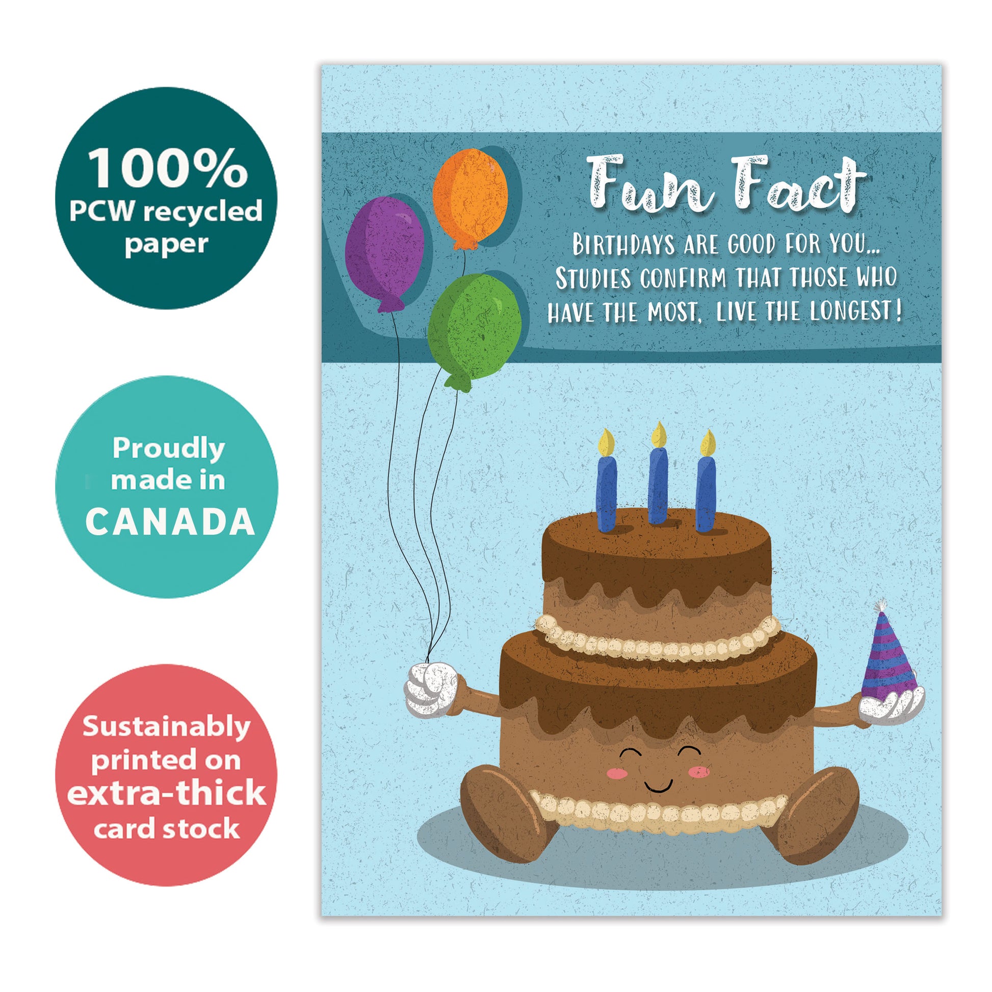 Front view of a Birthday greeting card with a smiling cake and a fun fact message, highlighting its eco-friendly materials and made in Canada.