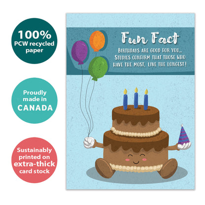 Front view of a Birthday greeting card with a smiling cake and a fun fact message, highlighting its eco-friendly materials and made in Canada.