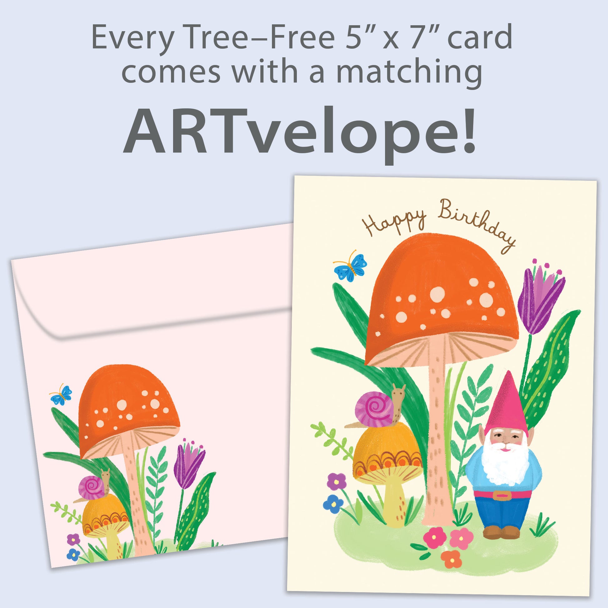 Front view of a Birthday greeting card featuring a colorful illustration of a gnome and mushroom, with matching envelope artwork.