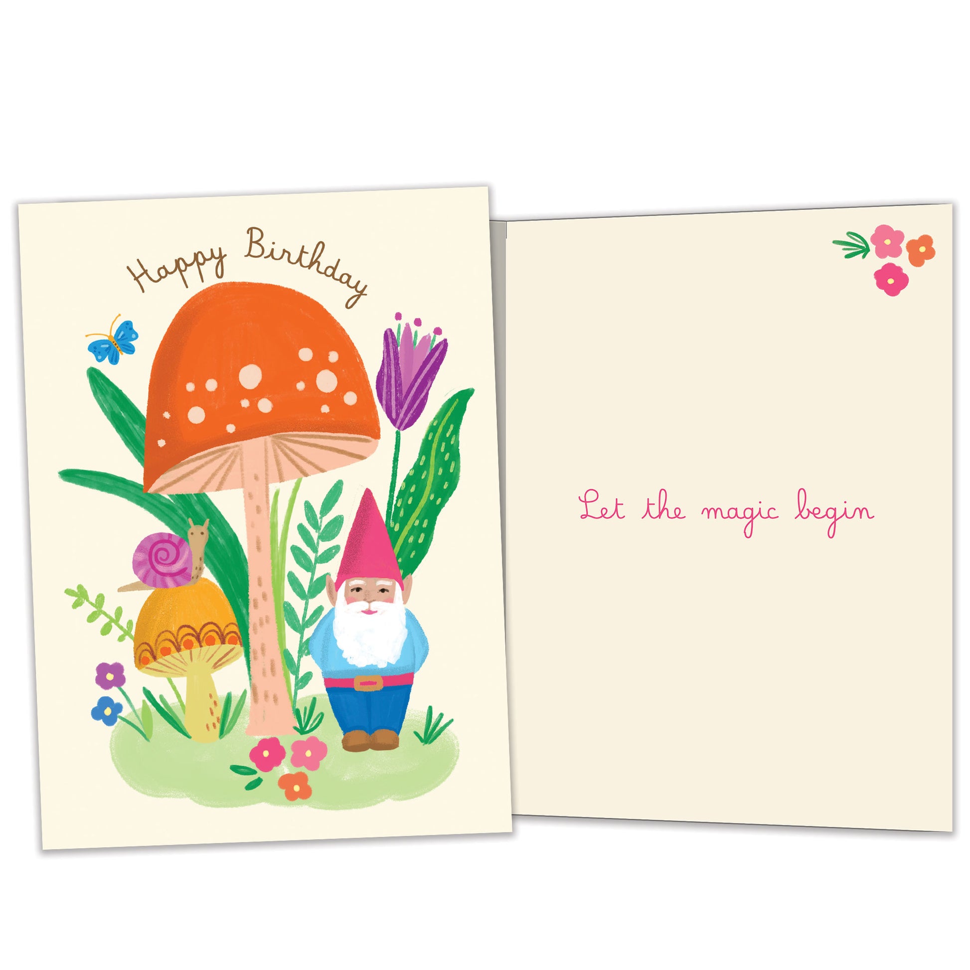 Front and inside view of a Birthday greeting card featuring a colorful illustration of a gnome and mushroom, with matching design details inside.