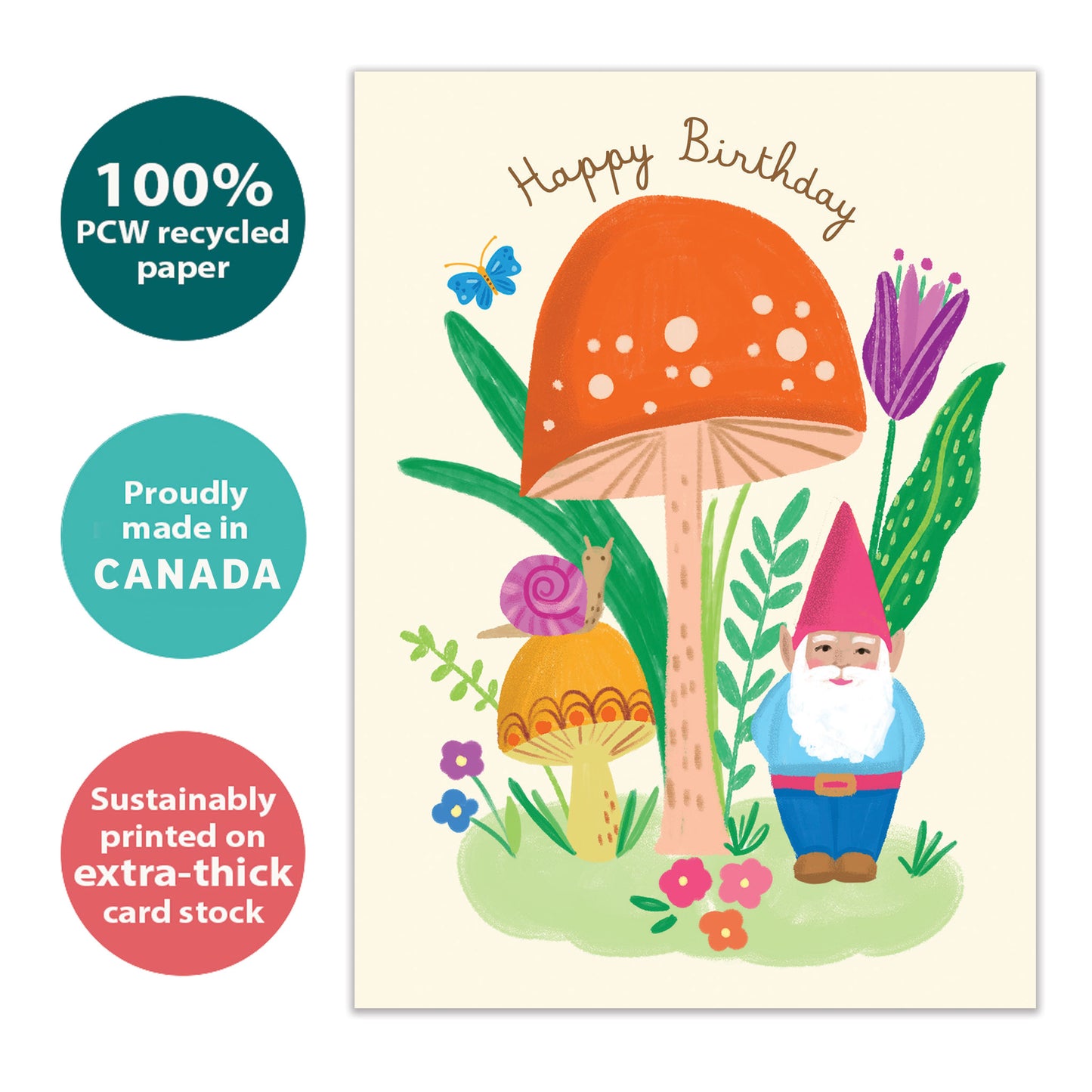 Front view of a Birthday greeting card with a colorful illustration of a gnome and mushroom, highlighting its eco-friendly materials and made in Canada.