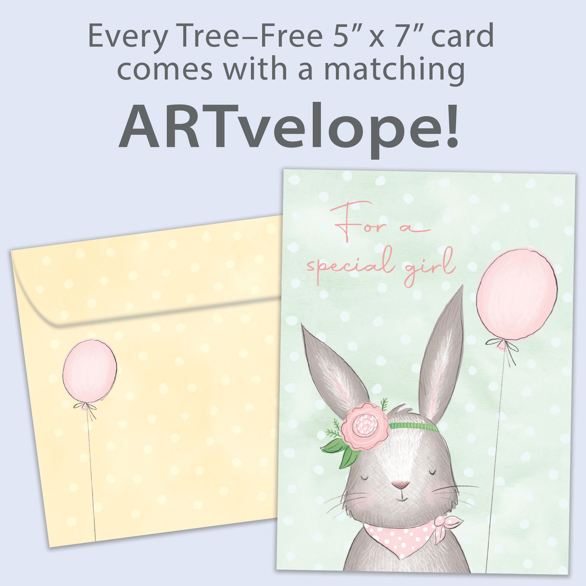 Front view of a Birthday greeting card featuring a birthday bunny and the words "For a special girl" in soft colors, with matching envelope artwork.