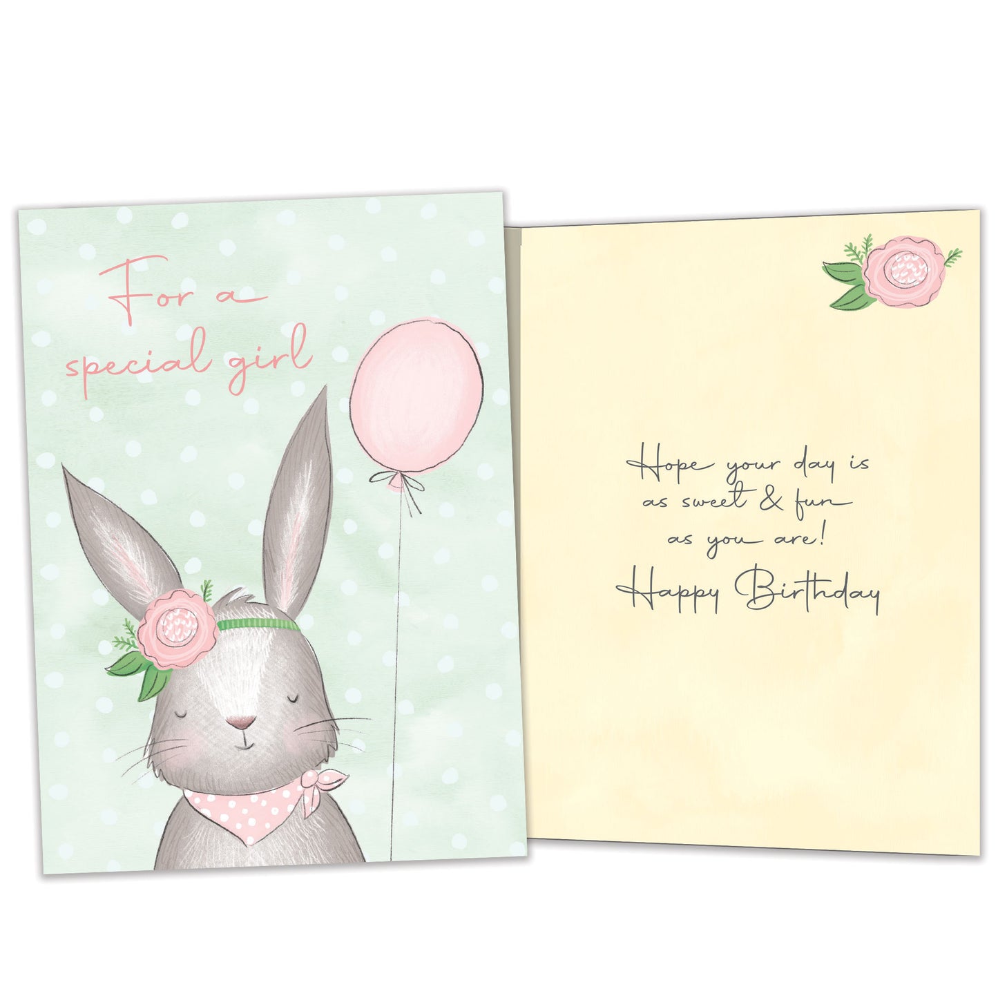 Front and inside view of a Birthday greeting card featuring a birthday bunny and the words "For a special girl" in soft colors, with matching design details inside.