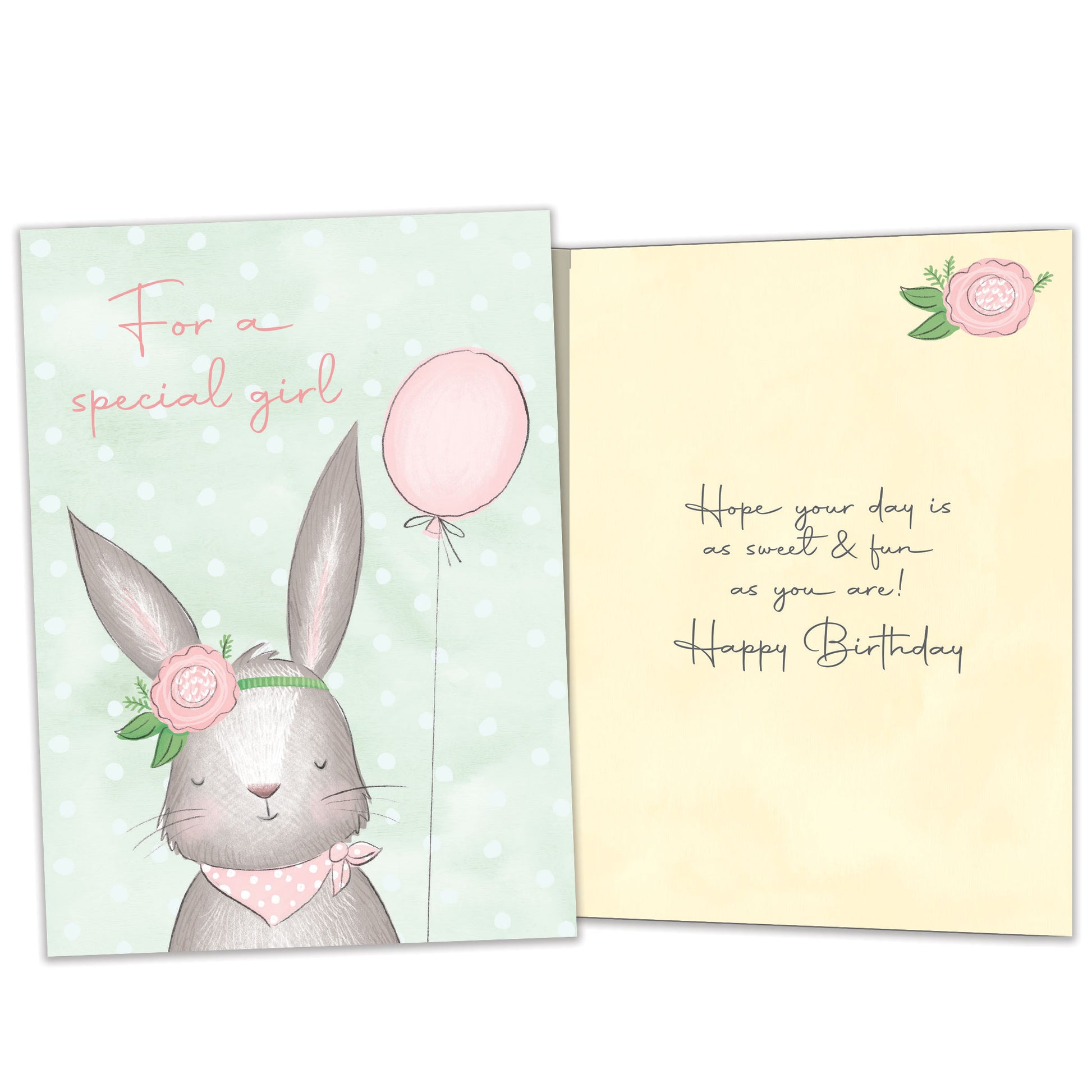 Front and inside view of a Birthday greeting card featuring a birthday bunny and the words "For a special girl" in soft colors, with matching design details inside.