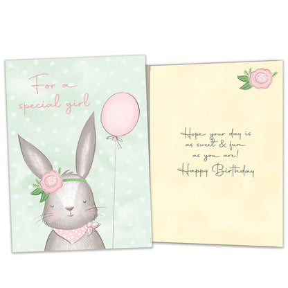 Front and inside view of a Birthday greeting card featuring a birthday bunny and the words "For a special girl" in soft colors, with matching design details inside.