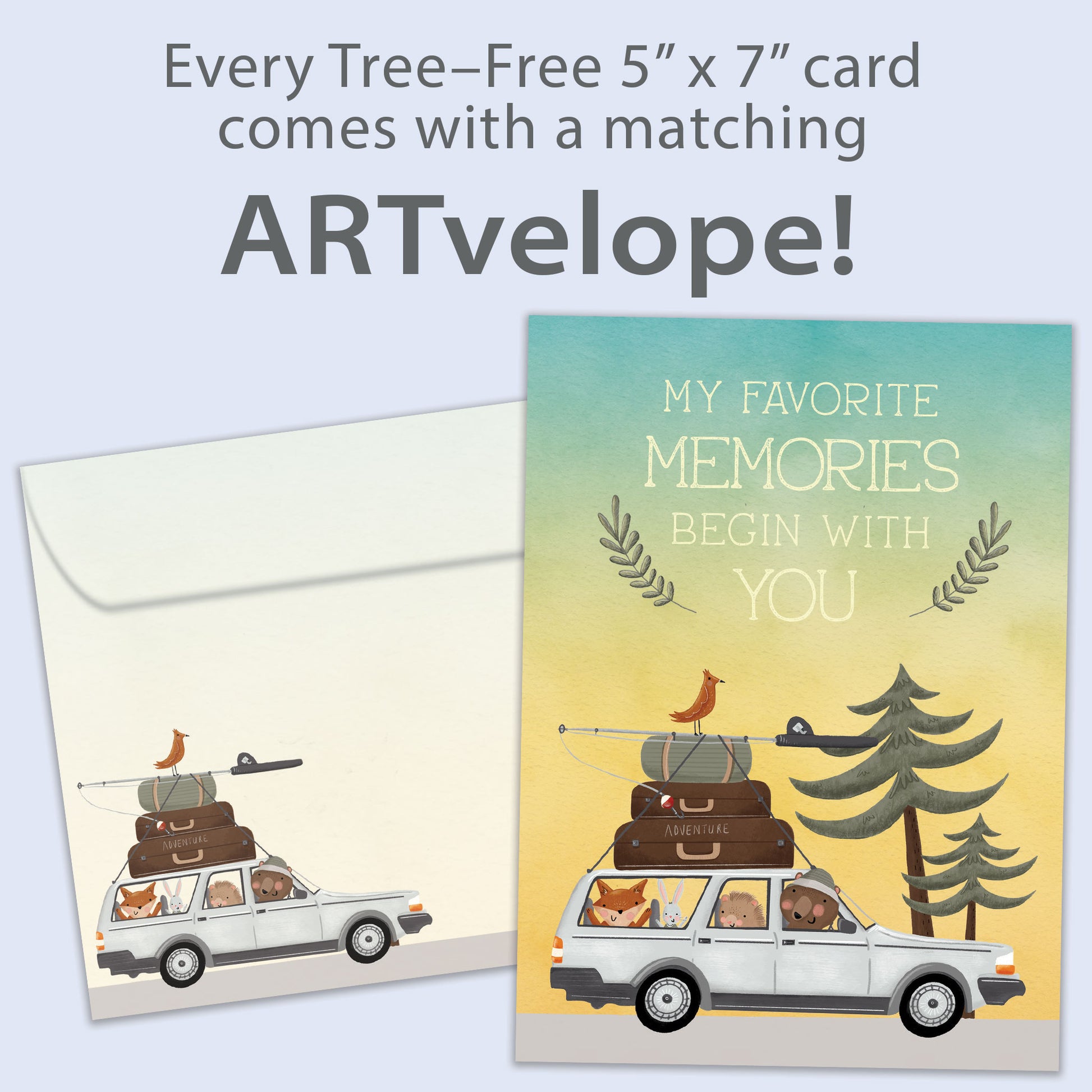 Front view of a Birthday greeting card featuring an animal family in a car going on a camping vacation with a message about memories, with matching envelope artwork.
