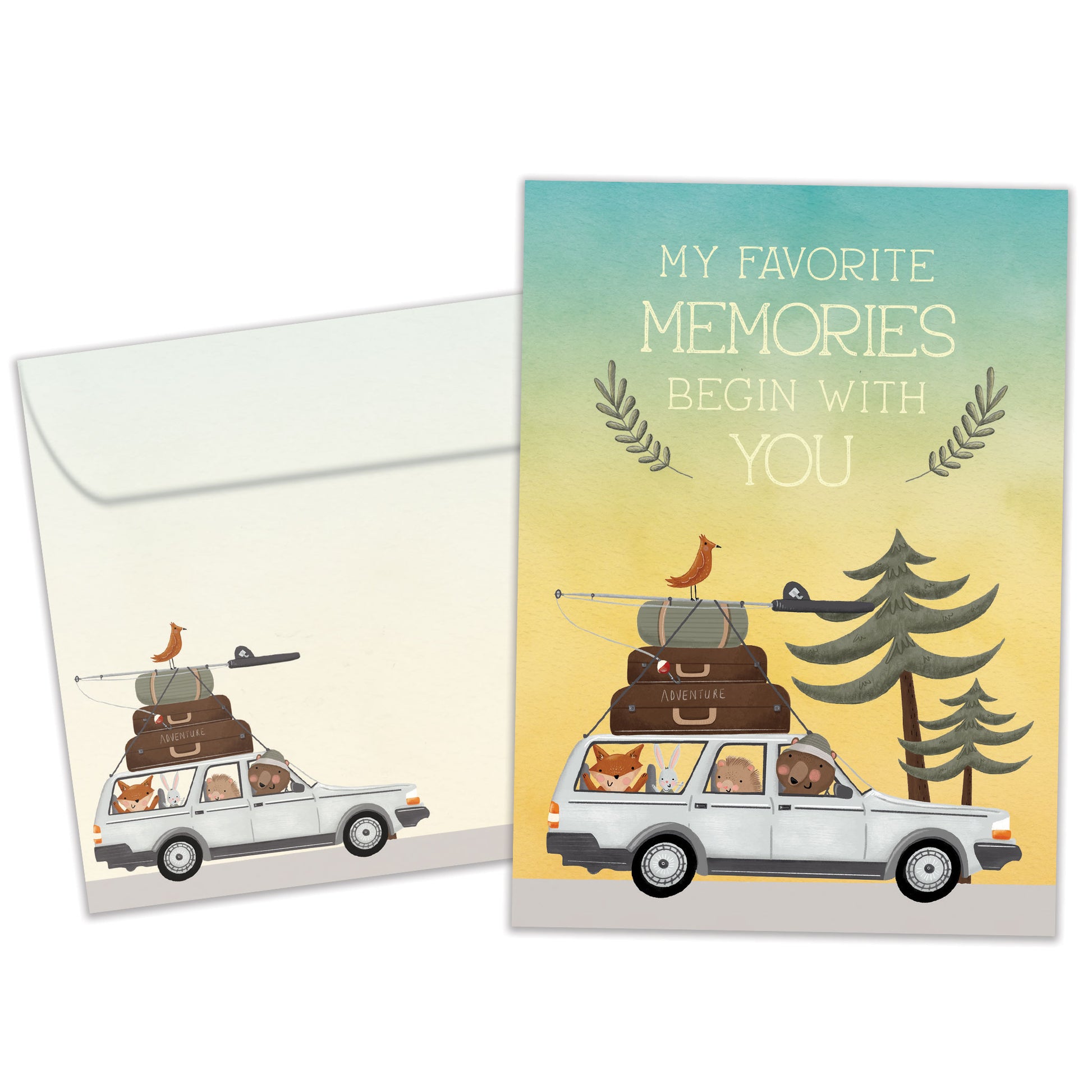 Front view of a Birthday greeting card featuring an animal family in a car going on a camping vacation with a message about memories, with a matching envelope.