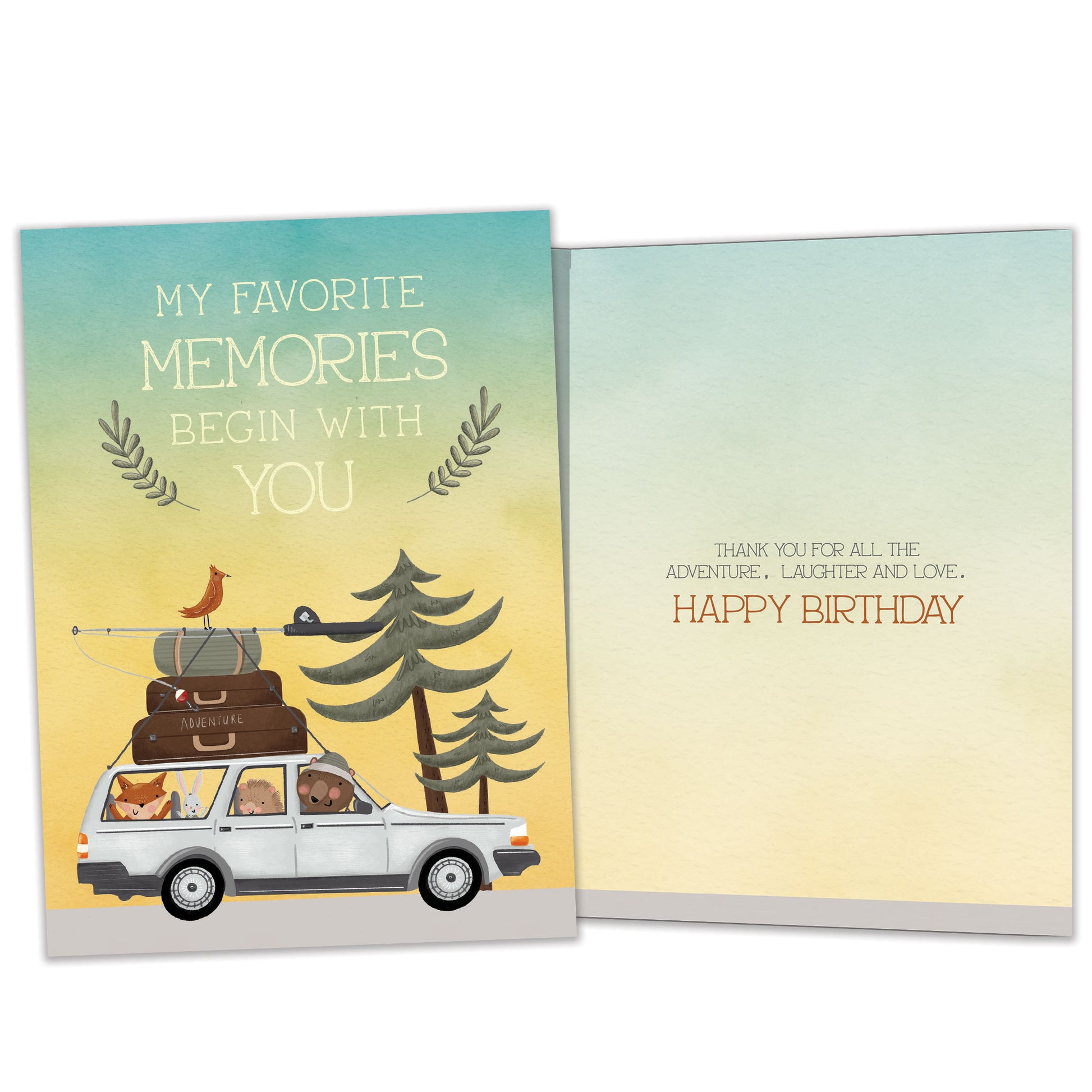 Front and inside view of a Birthday greeting card featuring an animal family in a car going on a camping vacation with a message about memories, with matching design details inside.