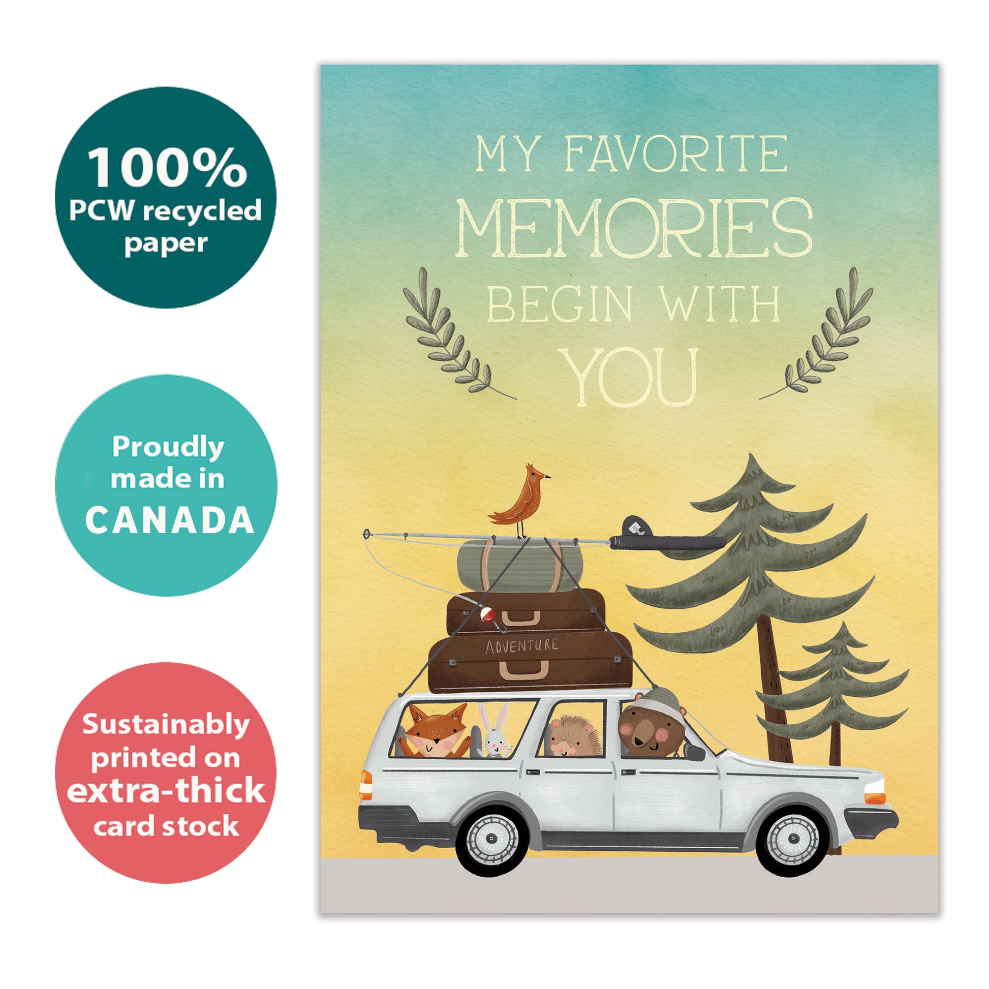 Front view of a Birthday greeting card with an animal family in a car going on a camping vacation and a message about memories, highlighting its eco-friendly materials and made in Canada.