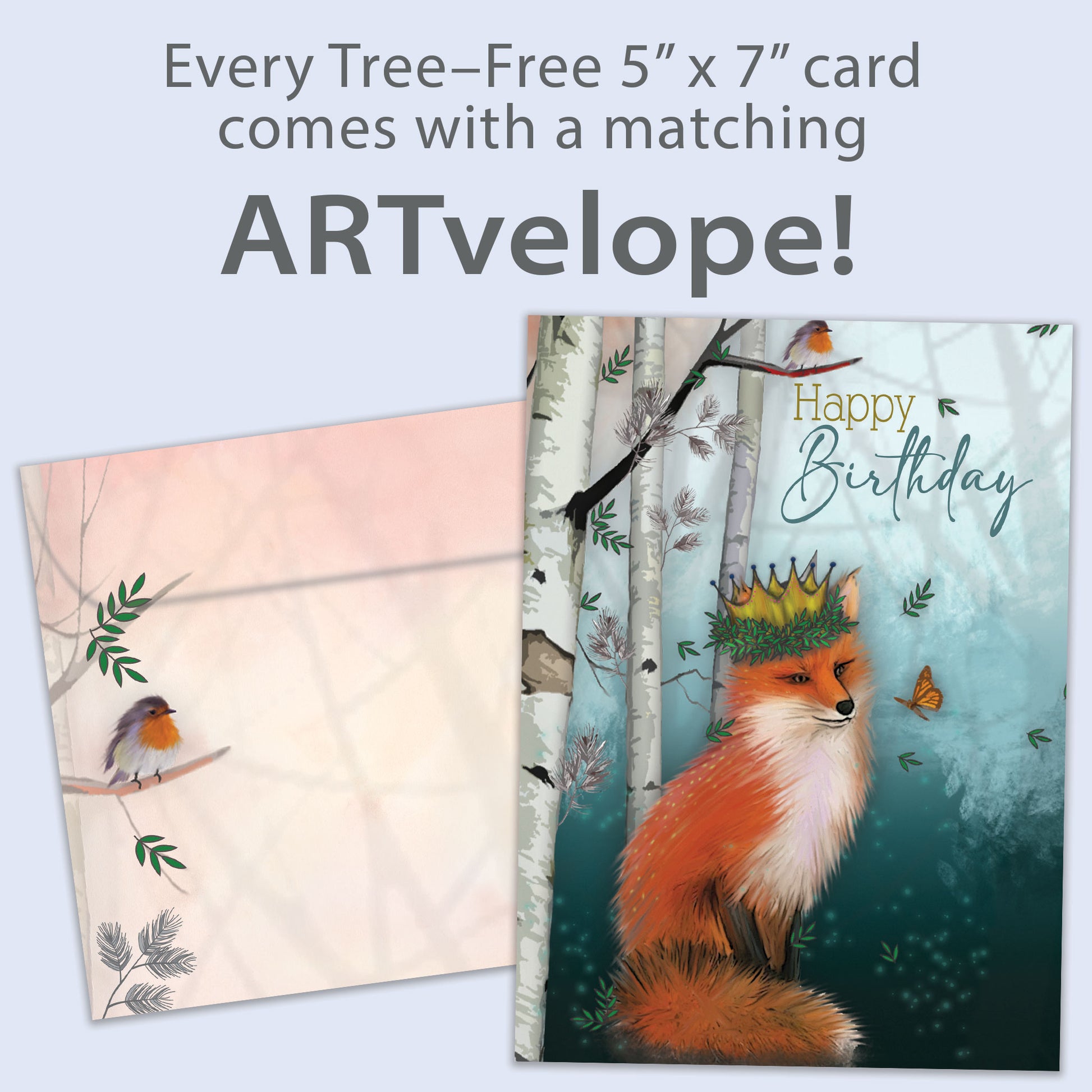 Front view of a Birthday greeting card featuring a fox wearing a crown in a serene, soft forest background, with matching envelope artwork.
