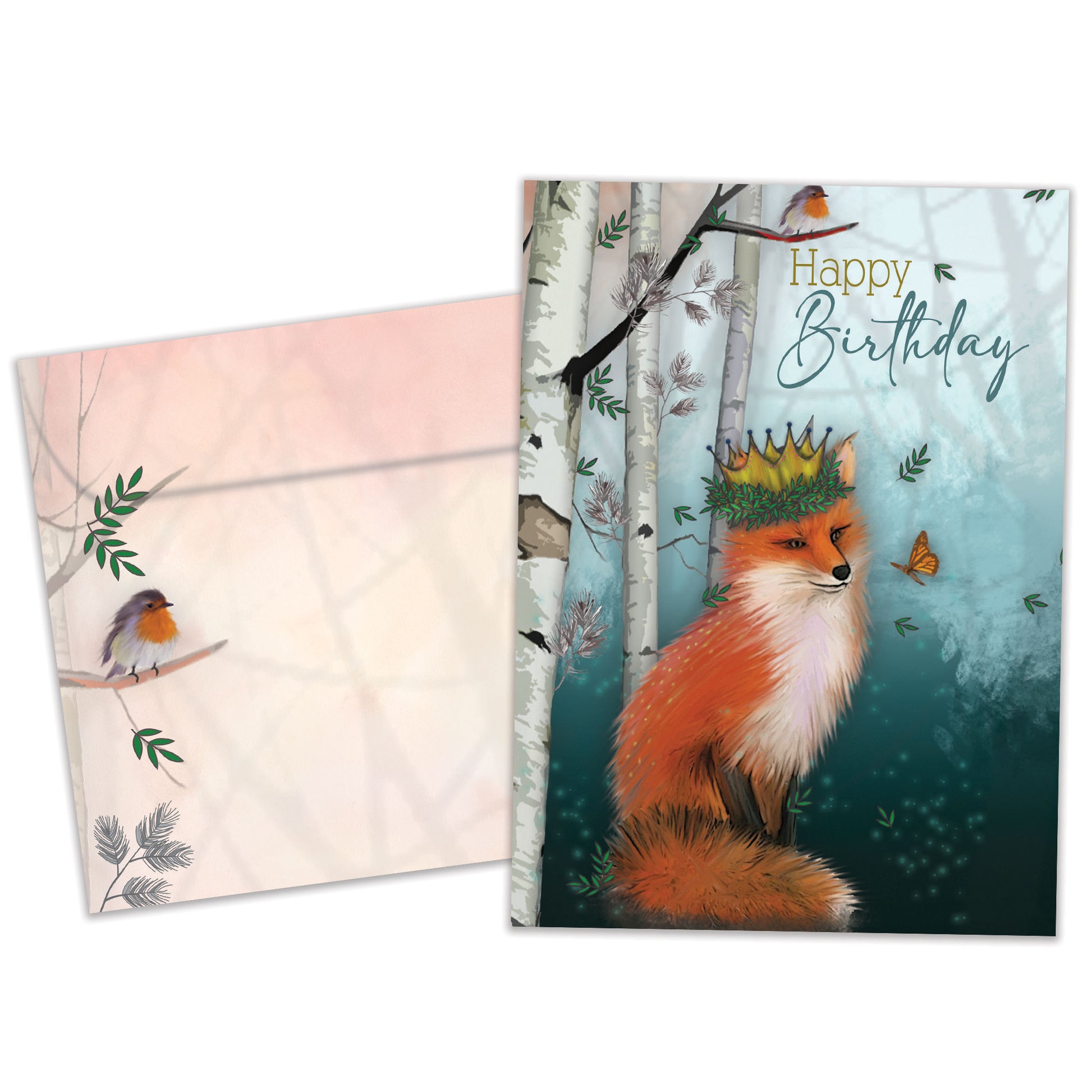 Front view of a Birthday greeting card featuring a fox wearing a crown in a serene, soft forest background, with a matching envelope.