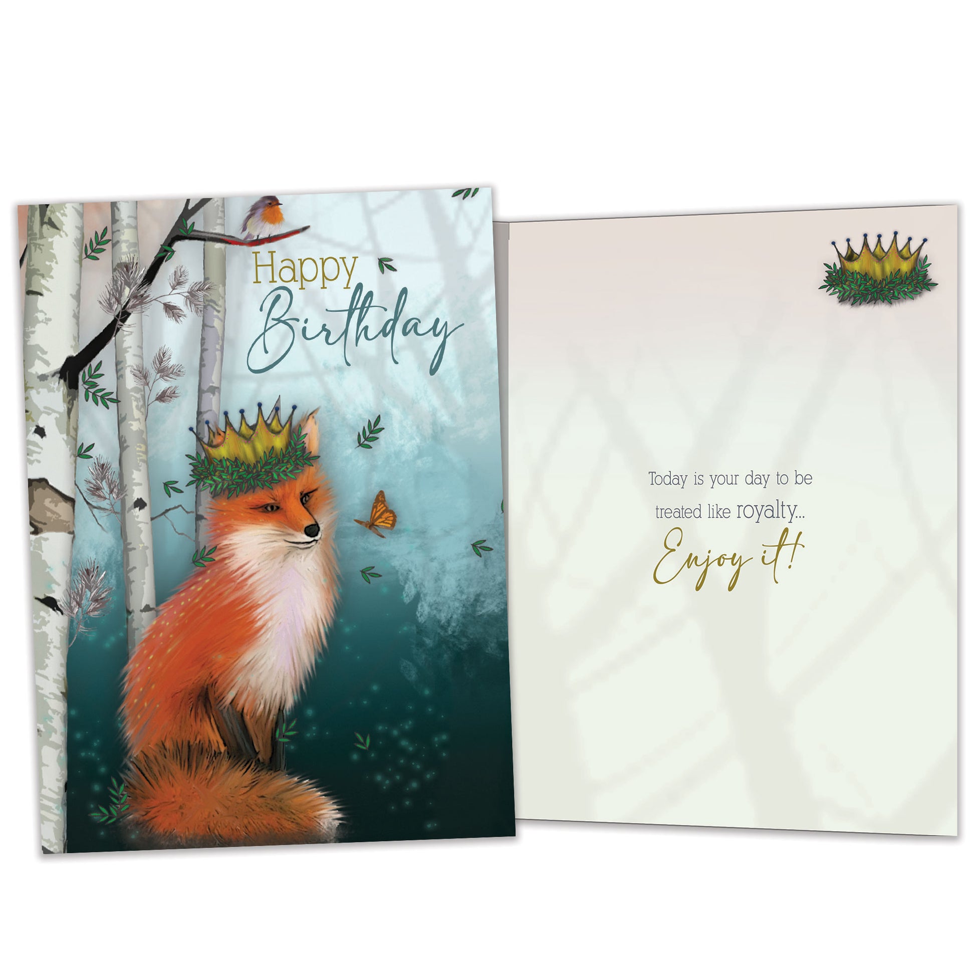 Front and inside view of a Birthday greeting card featuring a fox wearing a crown in a serene, soft forest background, with matching design details inside.