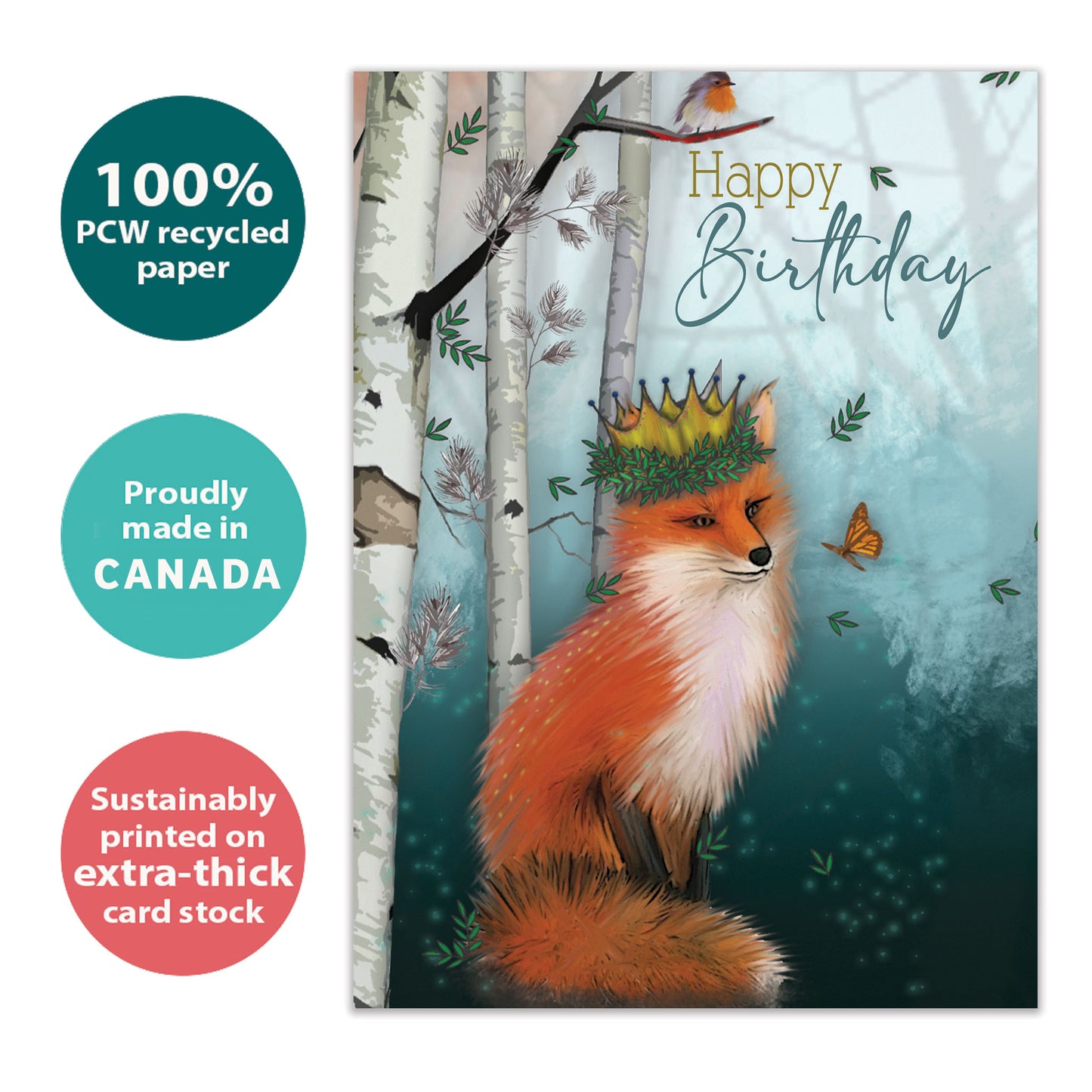 Front view of a Birthday greeting card with a fox wearing a crown in a serene, soft forest background, highlighting its eco-friendly materials and made in Canada.
