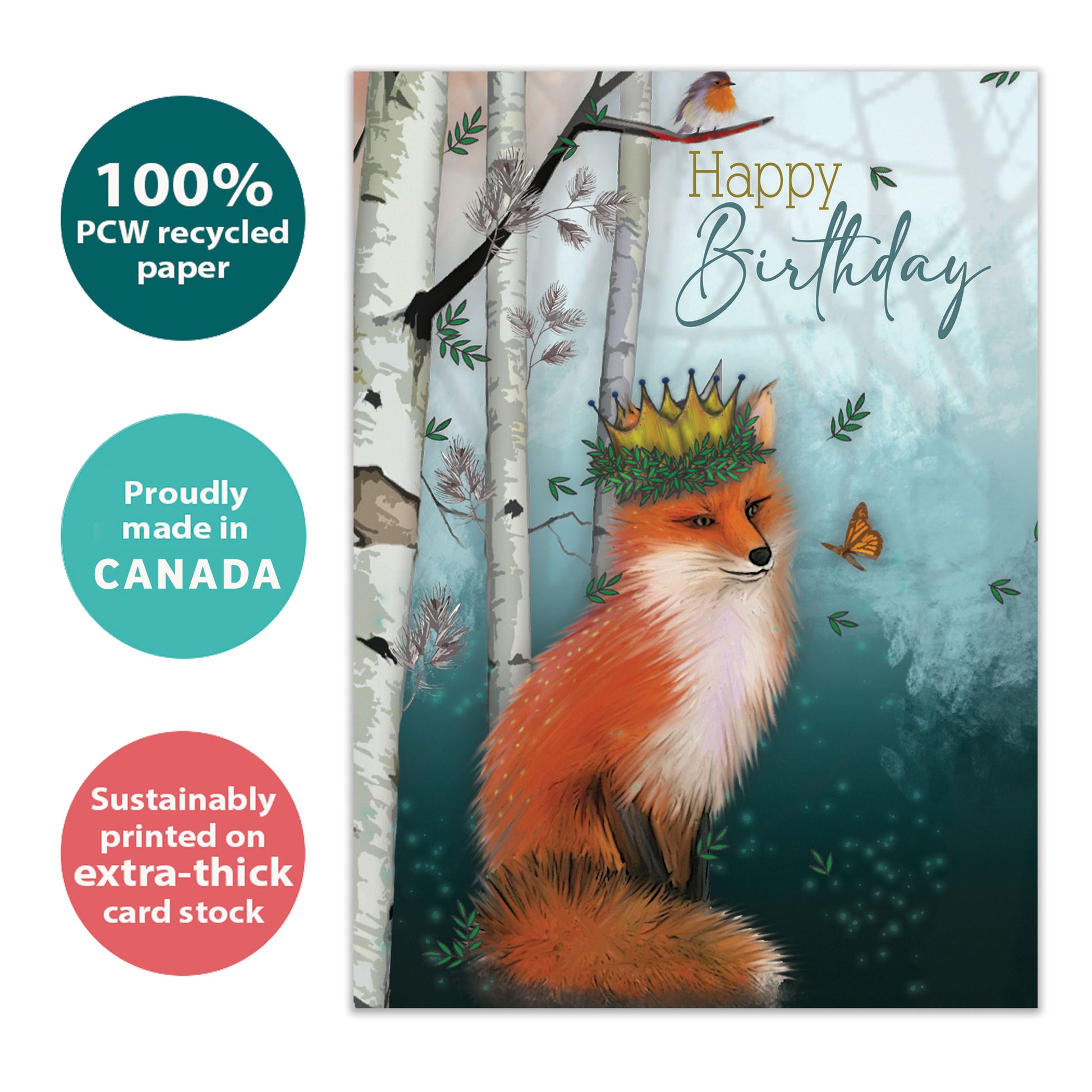 Front view of a Birthday greeting card with a fox wearing a crown in a serene, soft forest background, highlighting its eco-friendly materials and made in Canada.