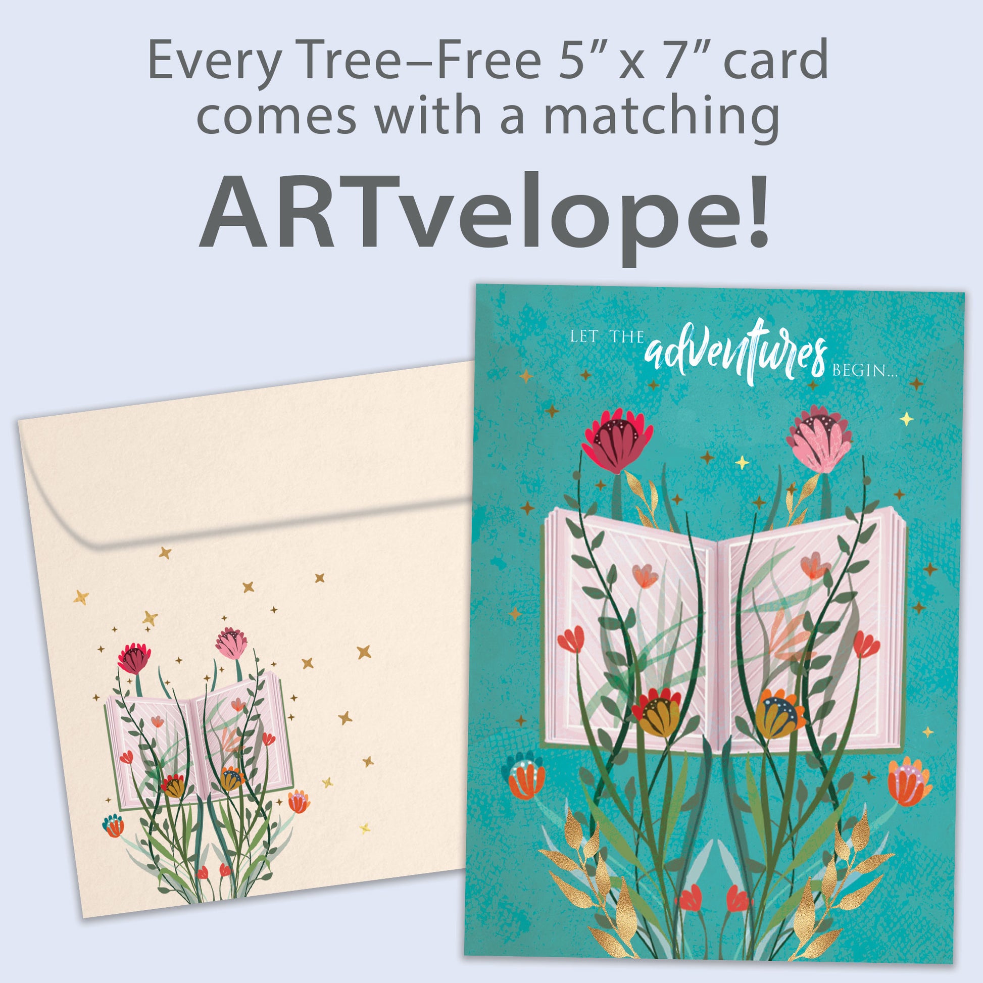 Front view of a Birthday greeting card featuring an open book with flowers and a message about adventures, with matching envelope artwork.