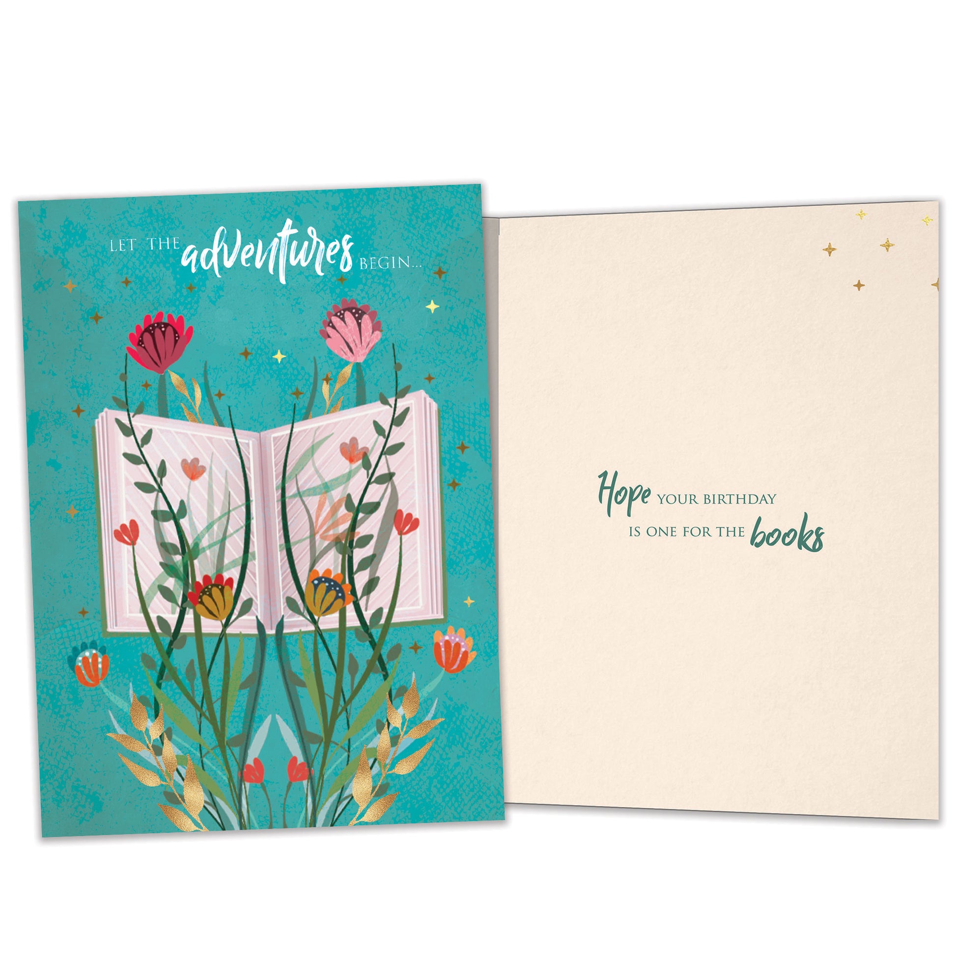 Front and inside view of a Birthday greeting card featuring an open book with flowers and a message about adventures, with matching design details inside.