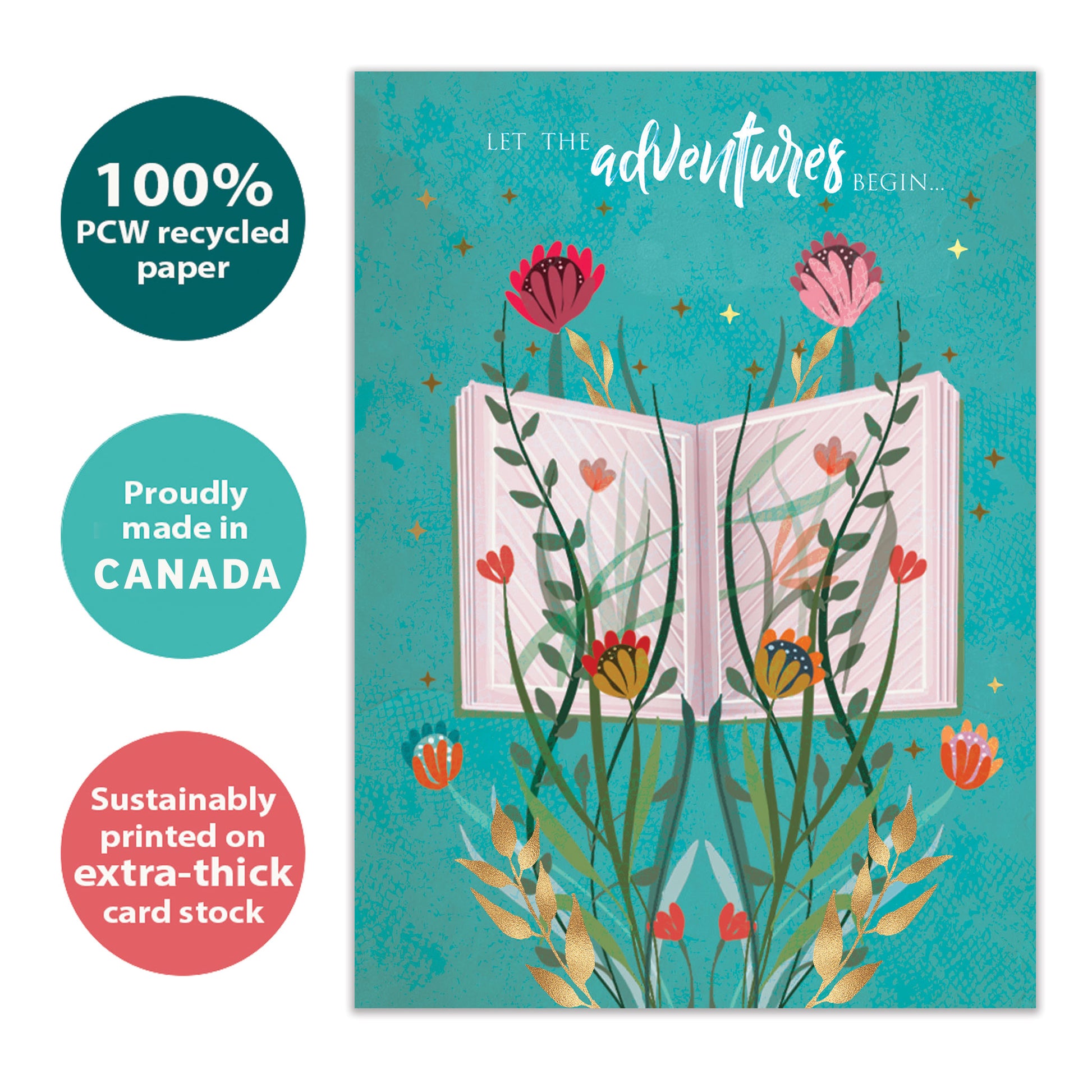 Front view of a Birthday greeting card with an open book with flowers and a message about adventures, highlighting its eco-friendly materials and made in Canada.
