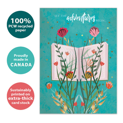 Front view of a Birthday greeting card with an open book with flowers and a message about adventures, highlighting its eco-friendly materials and made in Canada.
