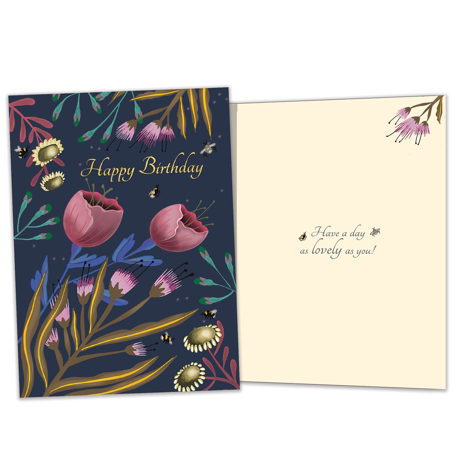 Front and inside view of a Birthday greeting card featuring "happy birthday" surrounded by flowers on a dark background, with matching design details inside.
