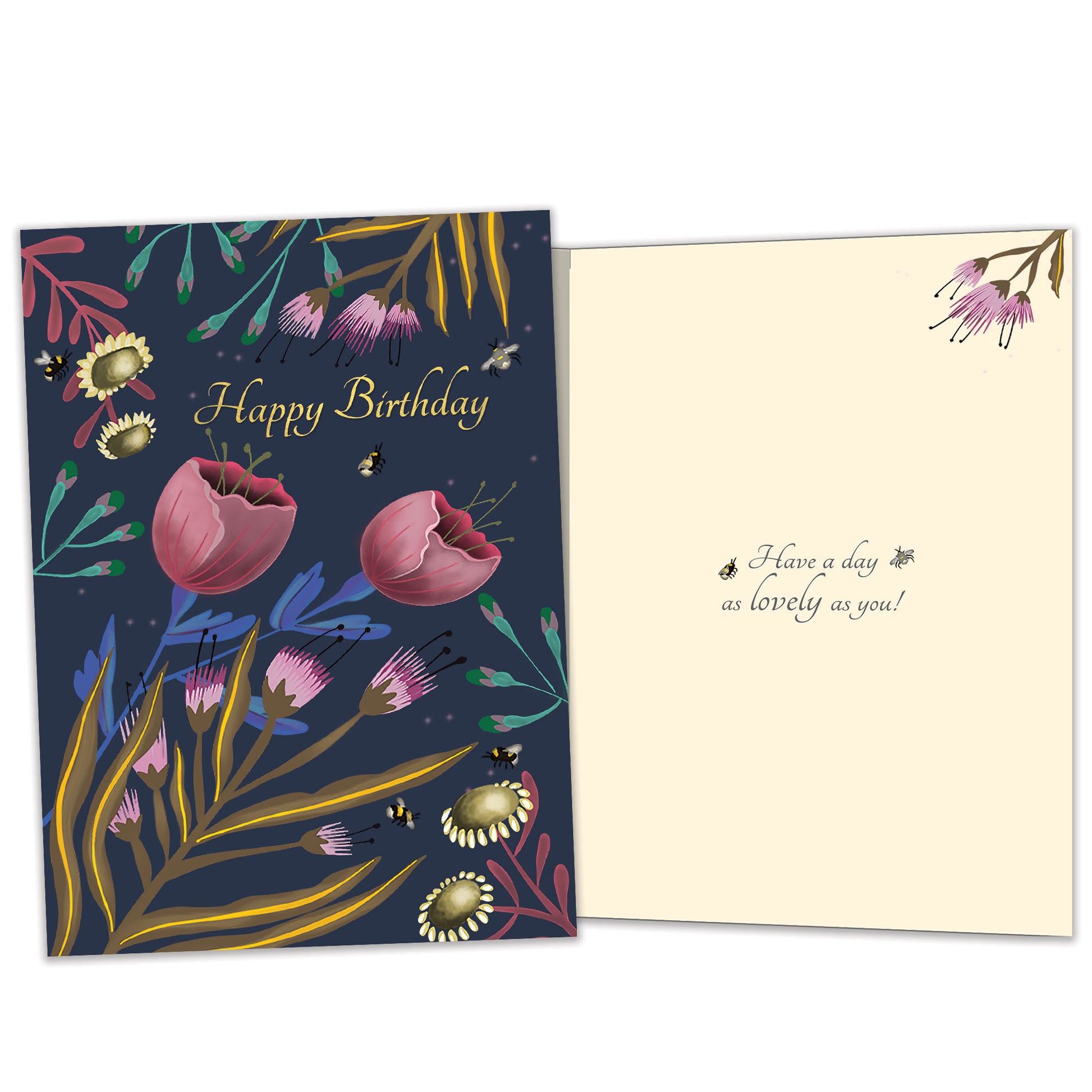 Front and inside view of a Birthday greeting card featuring "happy birthday" surrounded by flowers on a dark background, with matching design details inside.