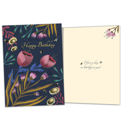 Front and inside view of a Birthday greeting card featuring "happy birthday" surrounded by flowers on a dark background, with matching design details inside.