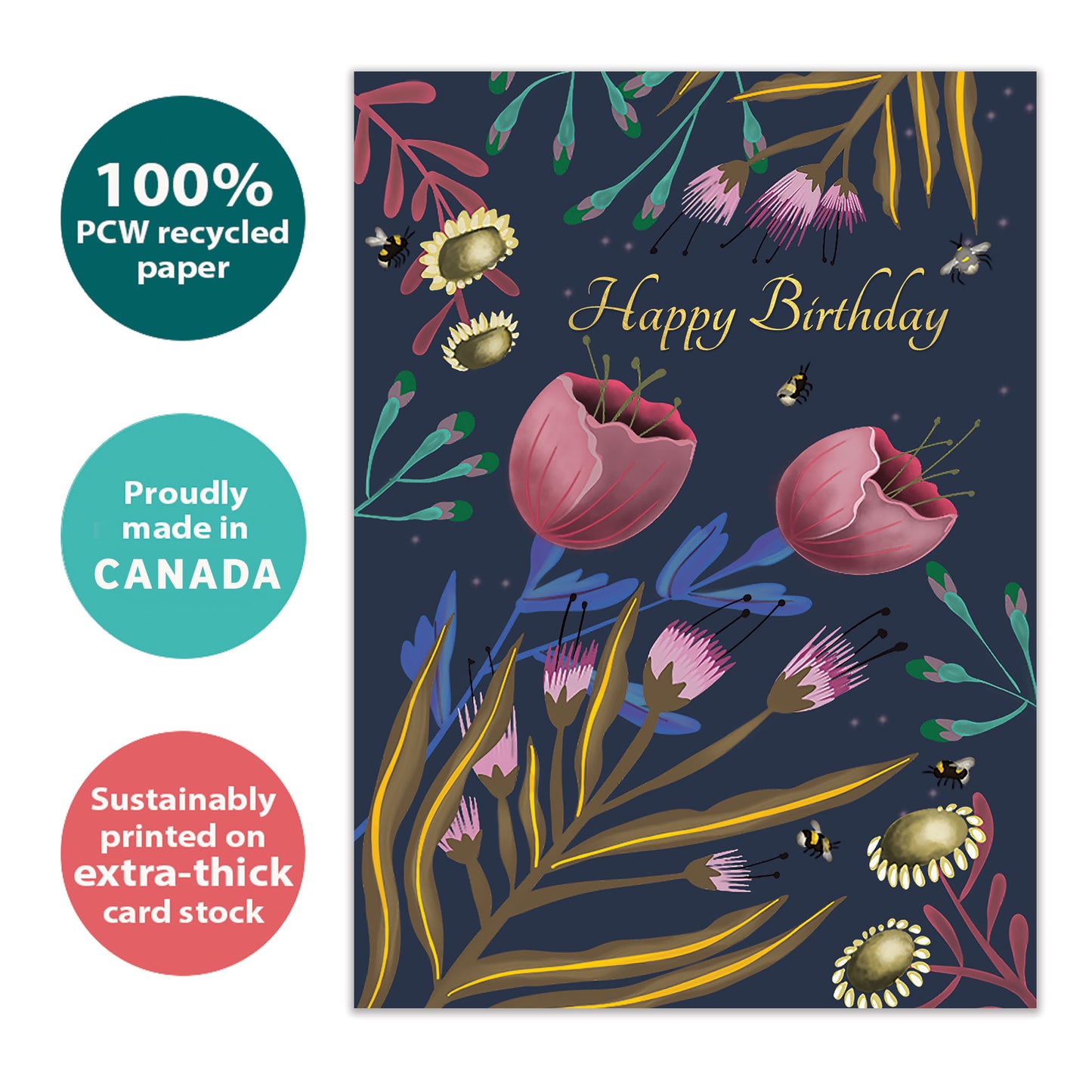 Front view of a Birthday greeting card with "happy birthday" surrounded by flowers on a dark background, highlighting its eco-friendly materials and made in Canada.