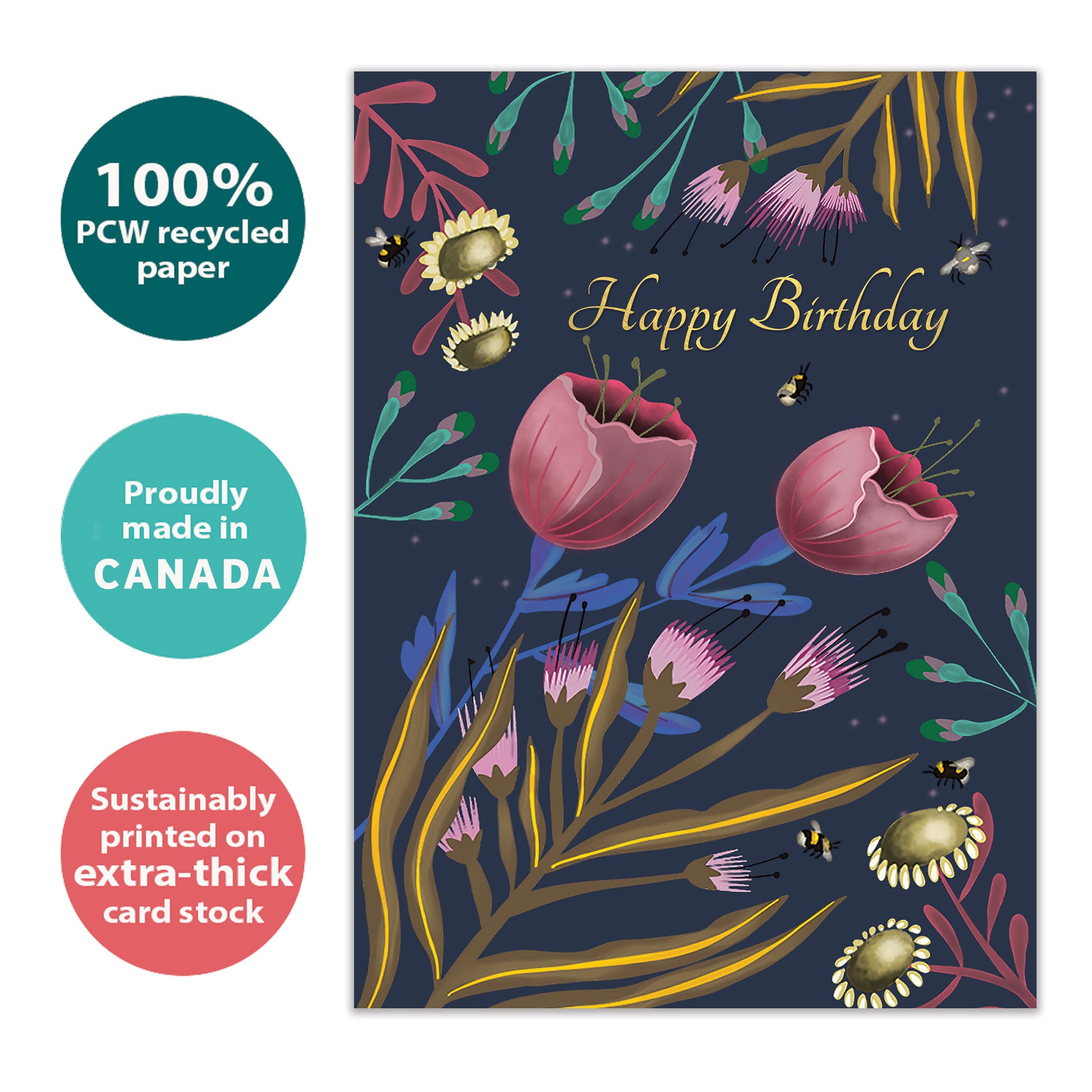 Front view of a Birthday greeting card with "happy birthday" surrounded by flowers on a dark background, highlighting its eco-friendly materials and made in Canada.