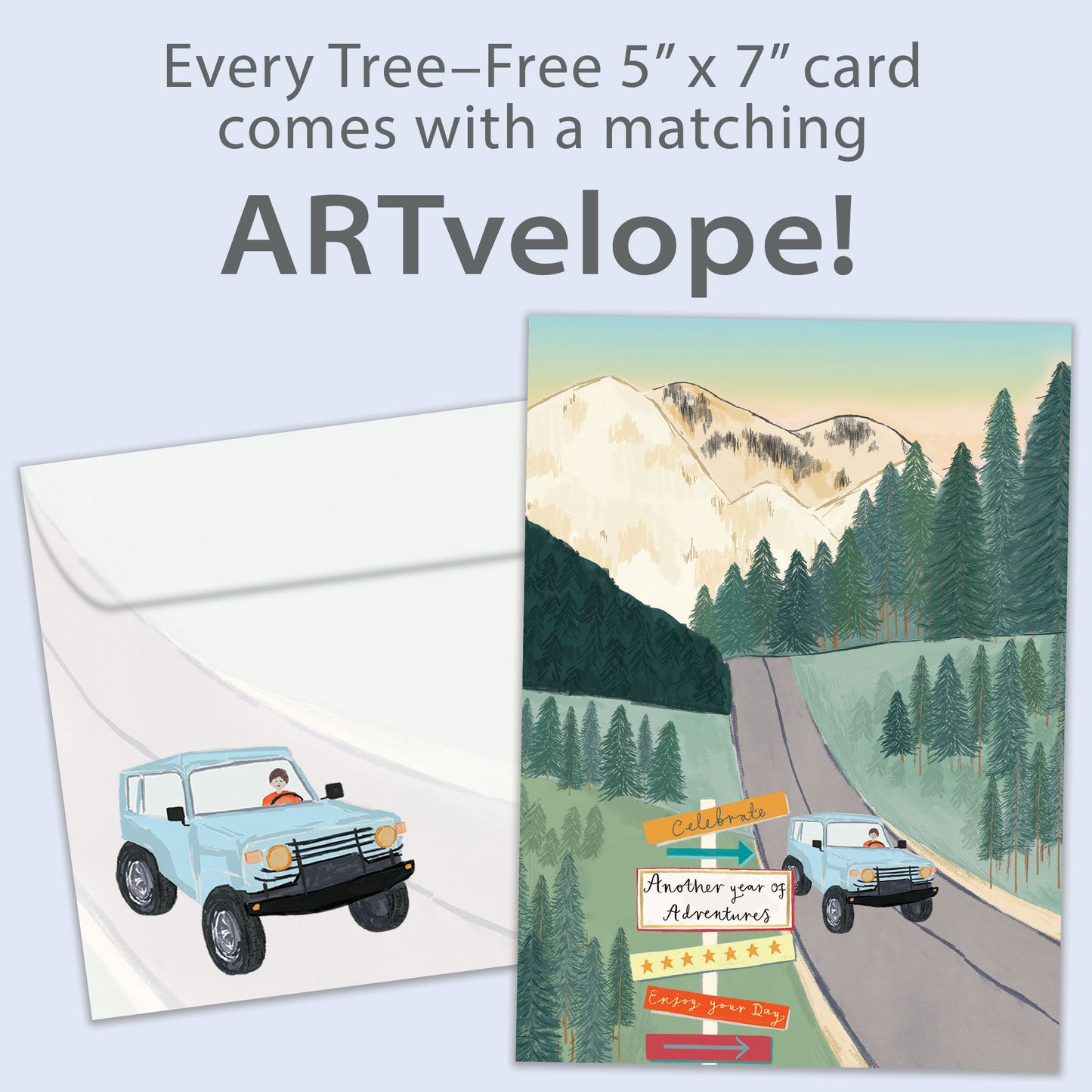 Front view of a Birthday greeting card featuring an illustration of a car driving on a road through the mountains, with matching envelope artwork.