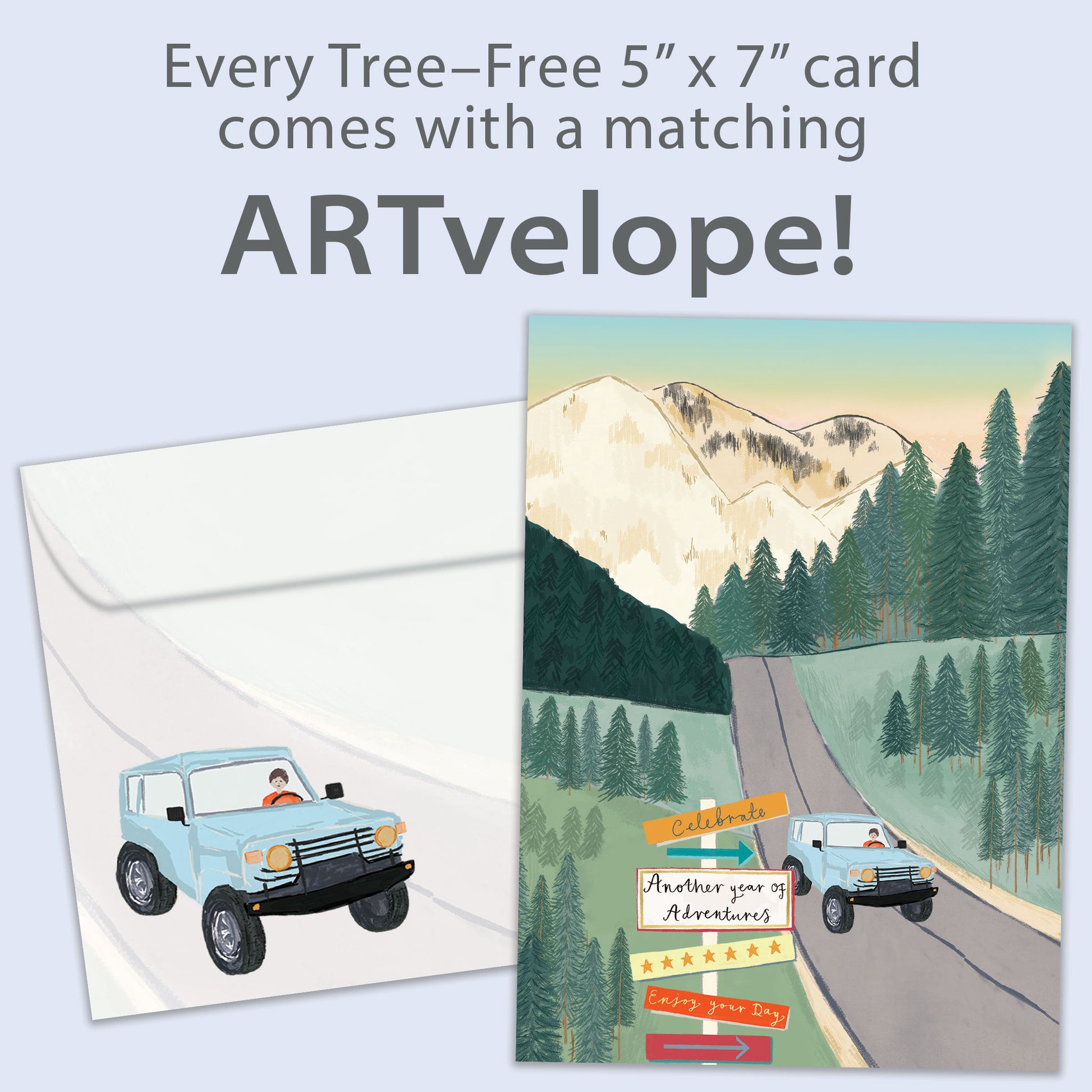 Front view of a Birthday greeting card featuring an illustration of a car driving on a road through the mountains, with matching envelope artwork.