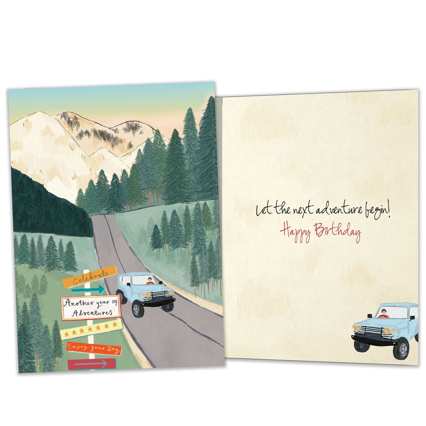 Front and inside view of a Birthday greeting card featuring an illustration of a car driving on a road through the mountains, with matching design details inside.