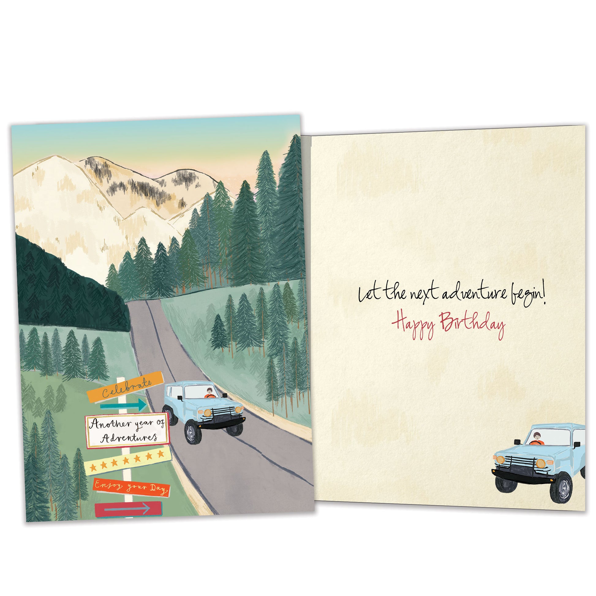 Front and inside view of a Birthday greeting card featuring an illustration of a car driving on a road through the mountains, with matching design details inside.