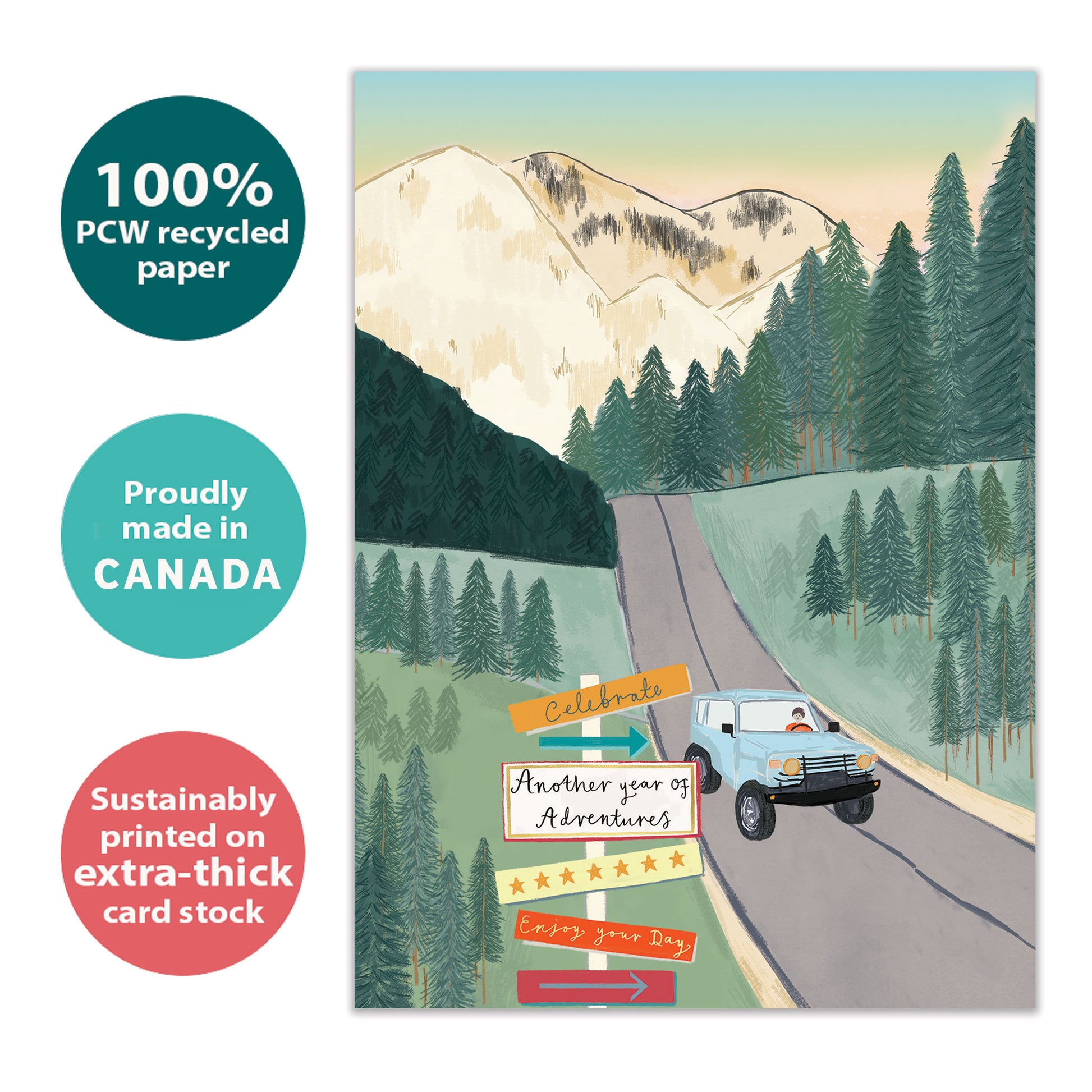 Front view of a Birthday greeting card with an illustration of a car driving on a road through the mountains, highlighting its eco-friendly materials and made in Canada.