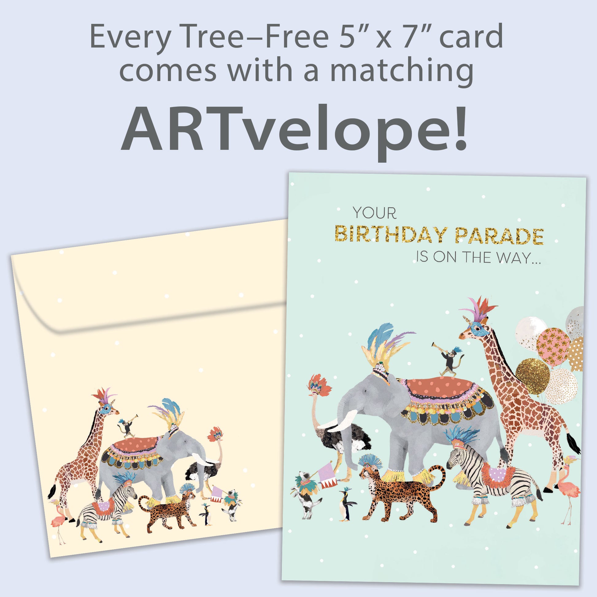 Front view of a Birthday greeting card featuring an illustration of animals parading with a message, with matching envelope artwork.