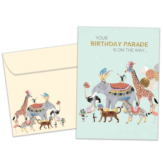 Front view of a Birthday greeting card featuring an illustration of animals parading with a message, with a matching envelope.