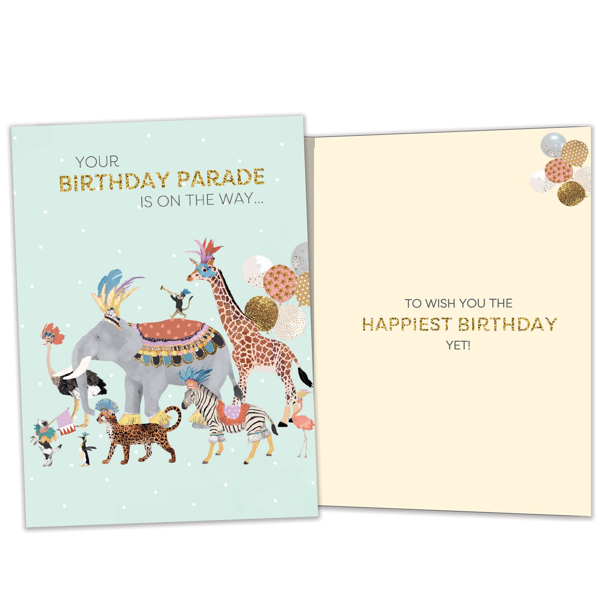 Front and inside view of a Birthday greeting card featuring an illustration of animals parading with a message, with matching design details inside.